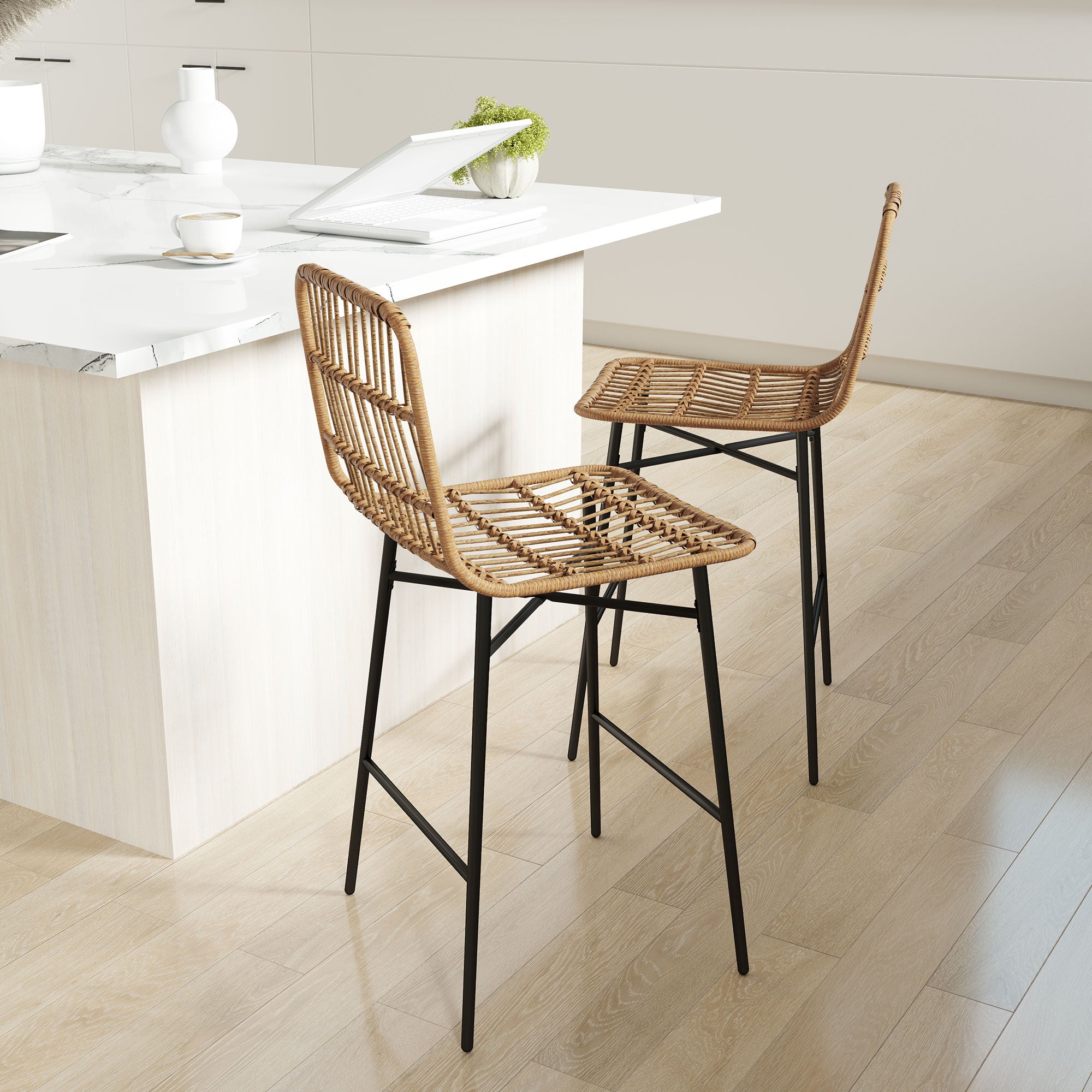 HOMCOM Rattan Counter Height Bar Stools Set of 2, 26" Wicker Barstools with Back, Modern Bar Chairs for Kitchen Island, Kitchen Counter and Dining Room, Brown