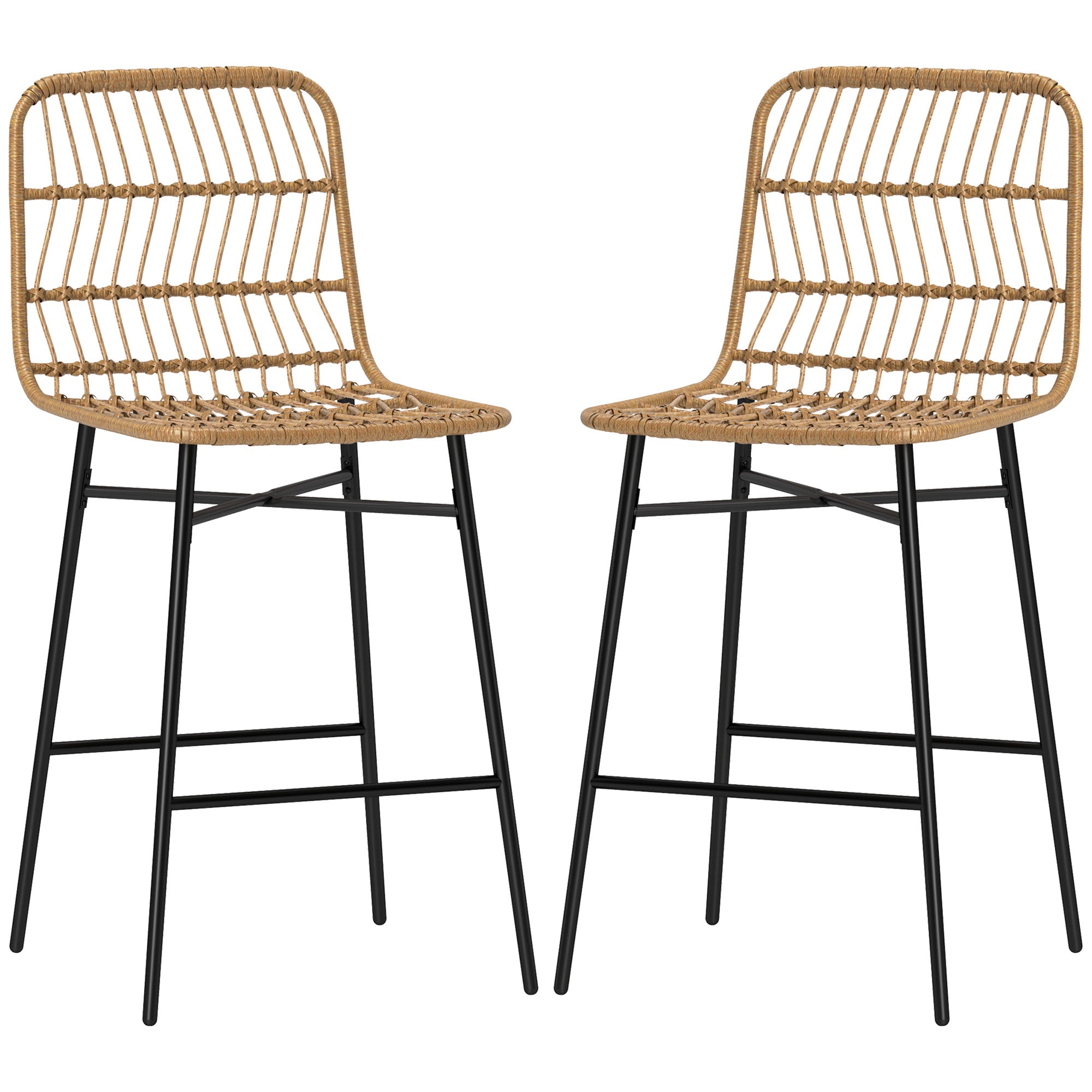 HOMCOM Rattan Counter Height Bar Stools Set of 2, 26" Wicker Barstools with Back, Modern Bar Chairs for Kitchen Island, Kitchen Counter and Dining Room, Brown