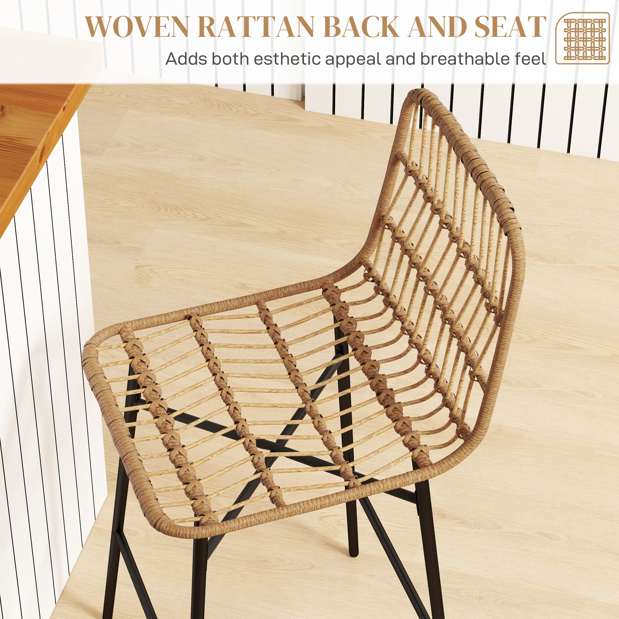 HOMCOM Rattan Counter Height Bar Stools Set of 2, 26" Wicker Barstools with Back, Modern Bar Chairs for Kitchen Island, Kitchen Counter and Dining Room, Brown