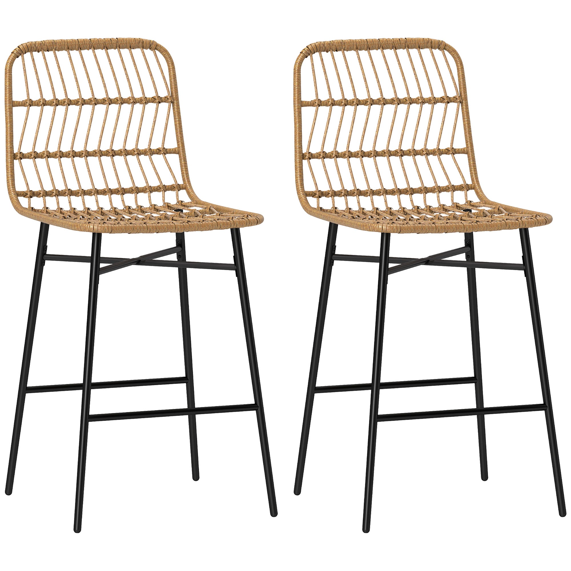 HOMCOM Rattan Counter Height Bar Stools Set of 2, 26" Wicker Barstools with Back, Modern Bar Chairs for Kitchen Island, Kitchen Counter and Dining Room, Brown