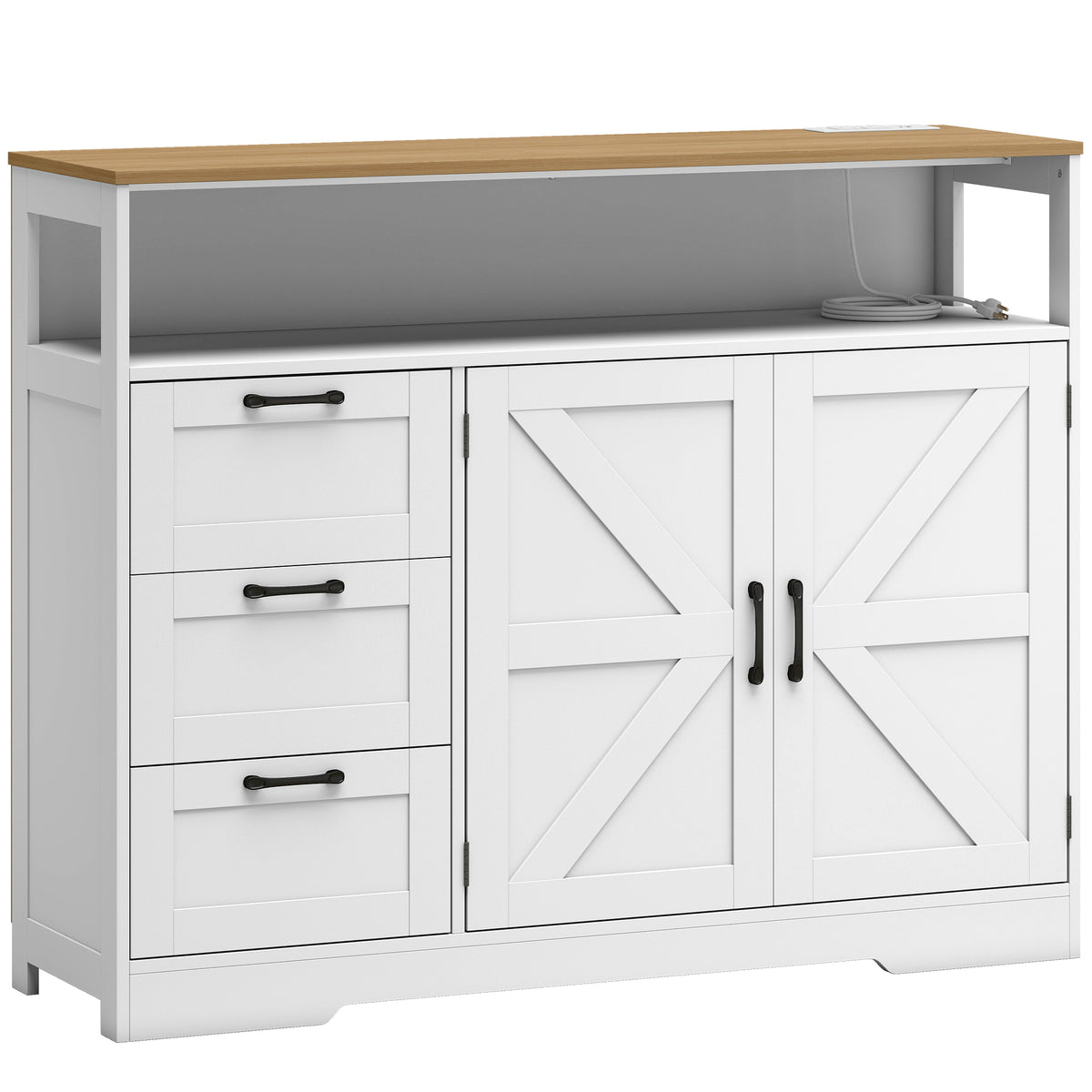 Sideboard Buffet Cabinet with Storage and Charging Station, 48" Farmhouse Kitchen Storage Cabinet with 3 Drawers and Open Shelf, Coffee Bar Station with Adjustable Shelf