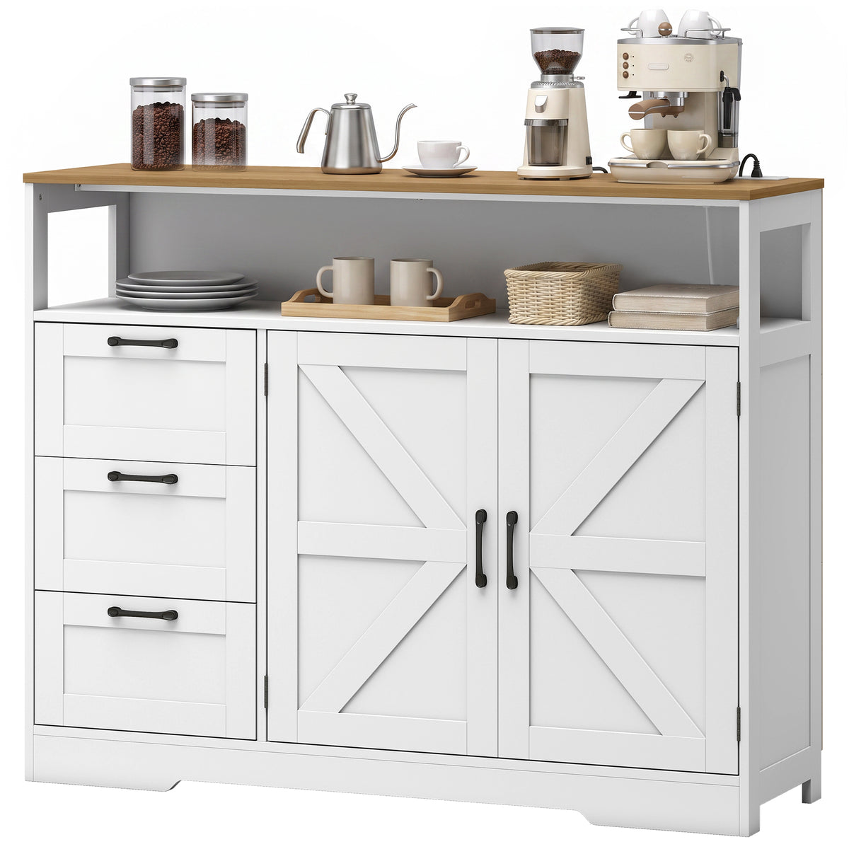 Sideboard Buffet Cabinet with Storage and Charging Station, 48" Farmhouse Kitchen Storage Cabinet with 3 Drawers and Open Shelf, Coffee Bar Station with Adjustable Shelf