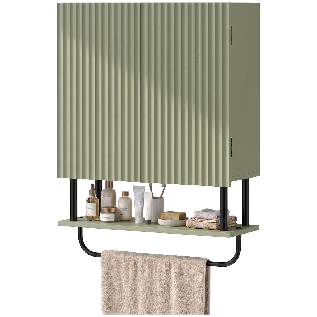 Bathroom Wall Cabinet with 2 Wavy Doors, Modern Bathroom Cabinet Wall Mounted Over Toilet with Hidden Storage and Open shelf, Towel Bar, Space Saving, Green