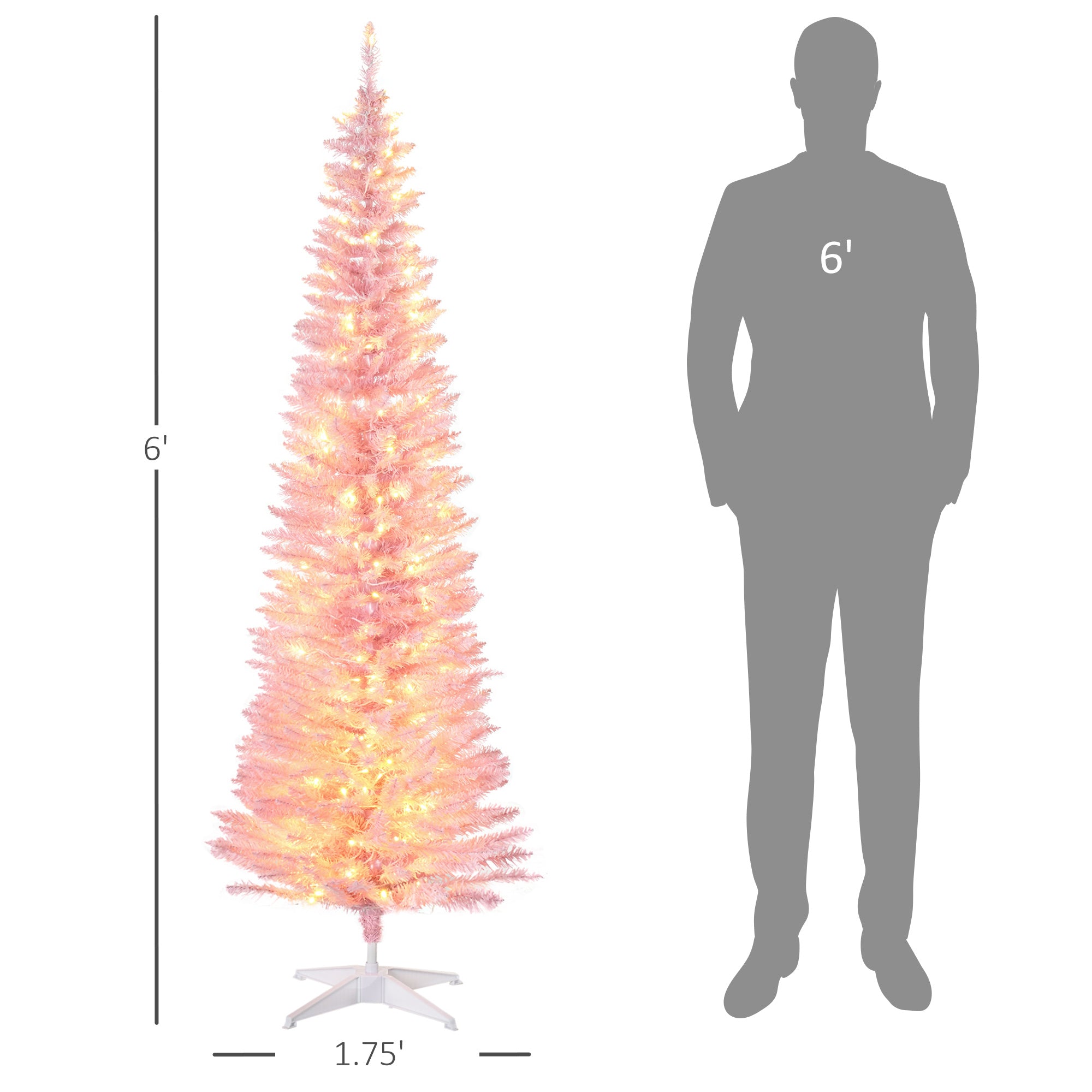 6ft Pencil Christmas Tree Slim Artificial Tree with Realistic Branches and Warm White LED Lights Pink