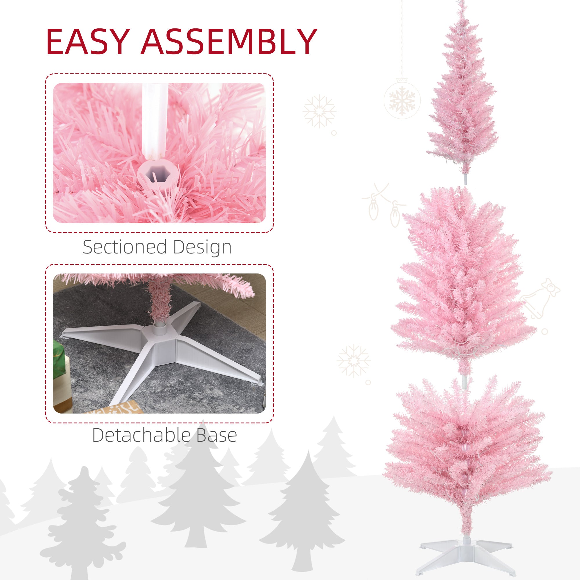 6ft Pencil Christmas Tree Slim Artificial Tree with Realistic Branches and Warm White LED Lights Pink