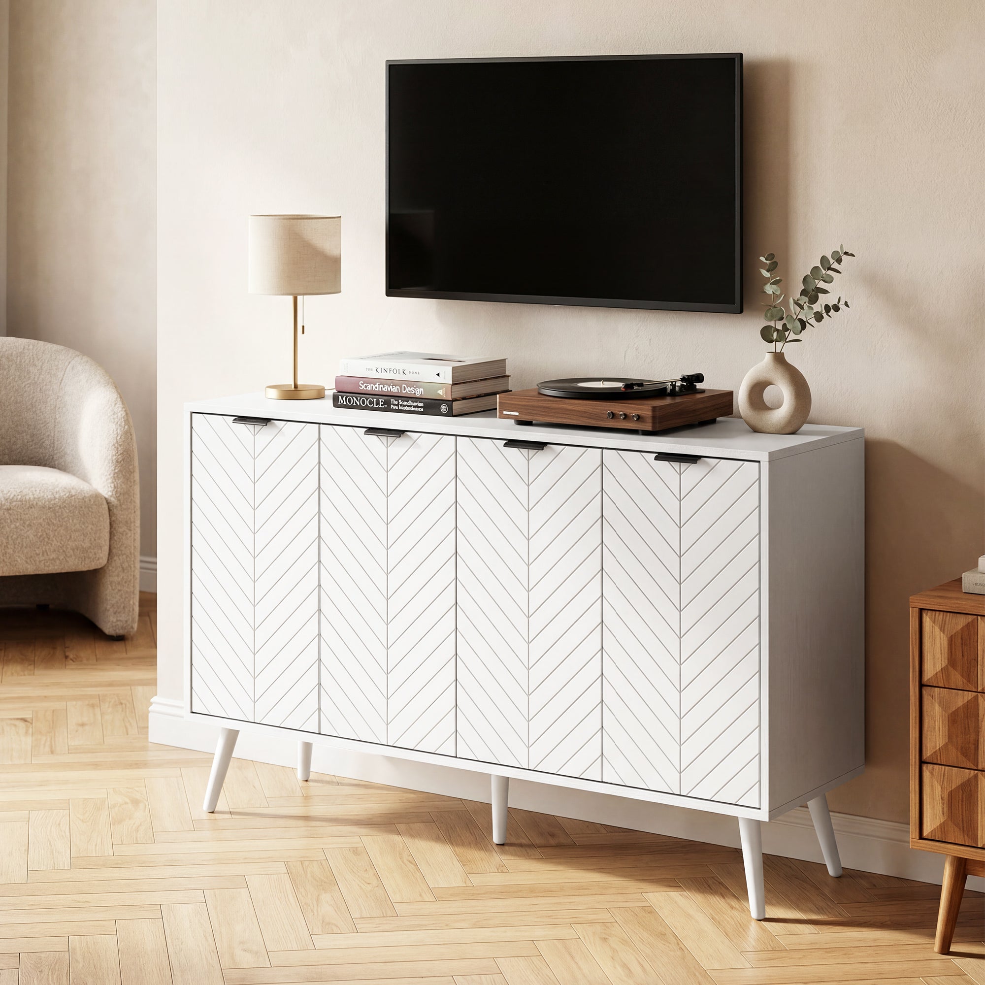 Modern Sideboard Buffet Cabinet, 47" Kitchen Storage Cabinet with 4 Doors and 2 Adjustable Shelves, Coffee Bar Station, White