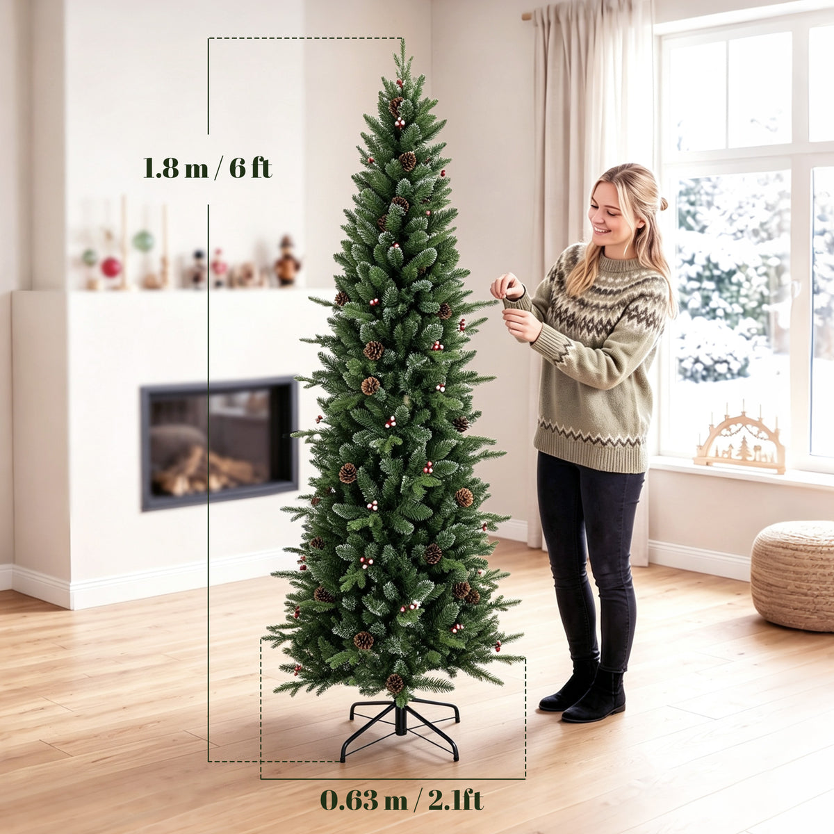 6ft/180cm Artificial Christmas Tree, Slim Gracious Pine Xmas Tree with 688 Branch Tips, Foldable Steel Stand, Easy Assembly for Home Office Holiday Decoration, Green
