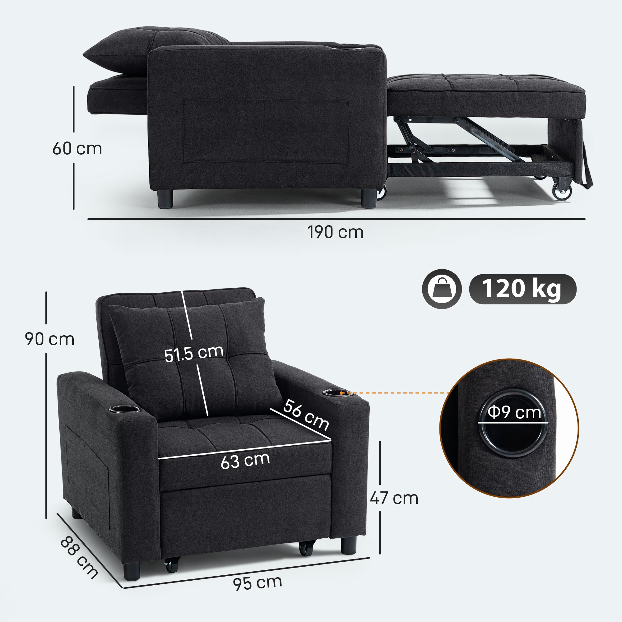 3-in-1 Single Sofa Bed, Convertible Sleeper Chair Bed with Adjustable Backrest, Fabric Pull Out Chair with Pillow, Side Pockets and Cup Holders for Living Room, Bedroom, Small Space, Black