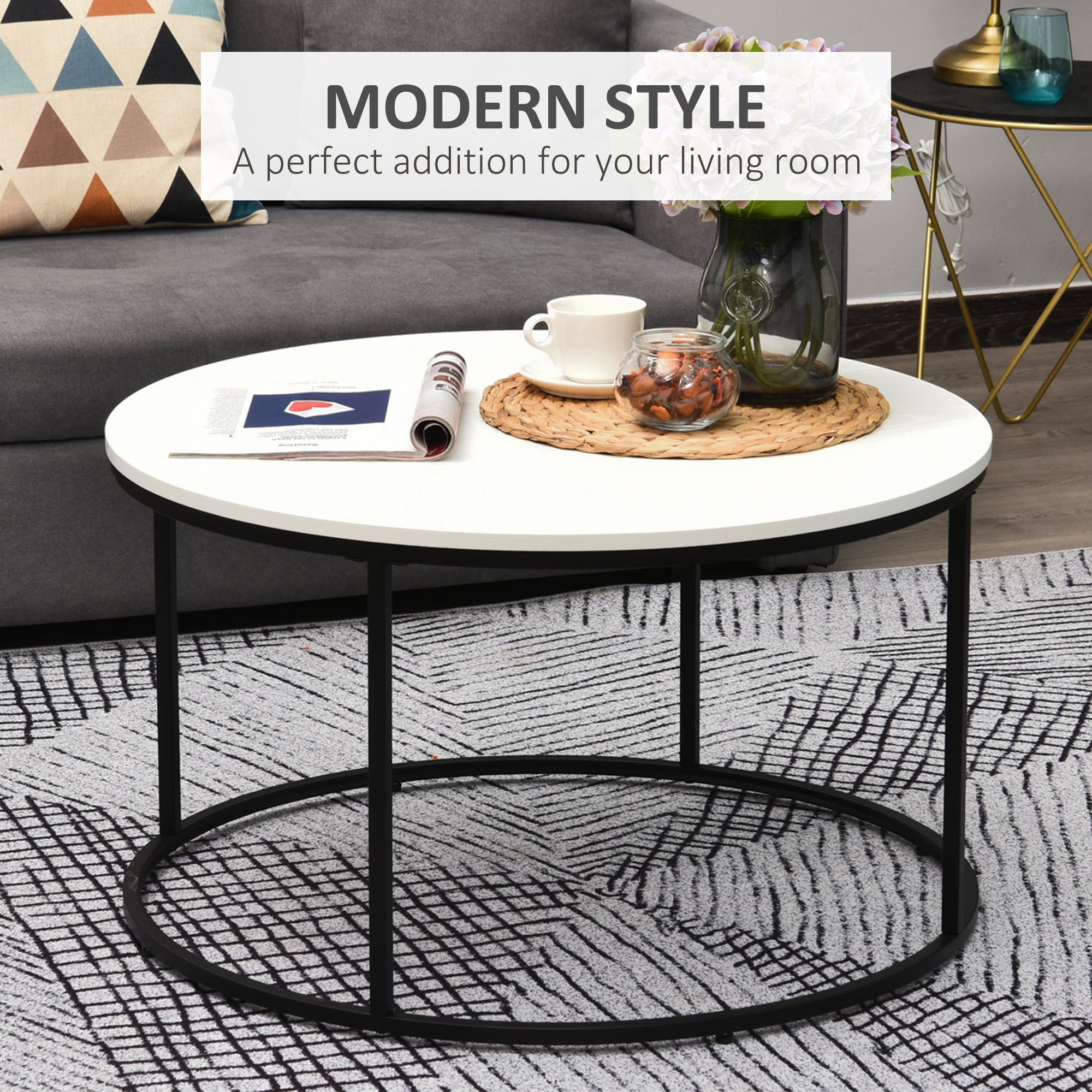 HOMCOM Modern Coffee Table, Round Accent Center Table with Metal Frame, Adjustable Feet, White