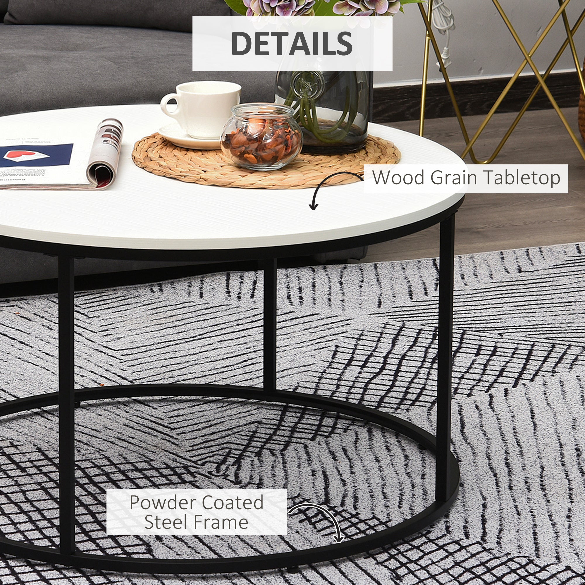 HOMCOM Modern Coffee Table, Round Accent Center Table with Metal Frame, Adjustable Feet, White