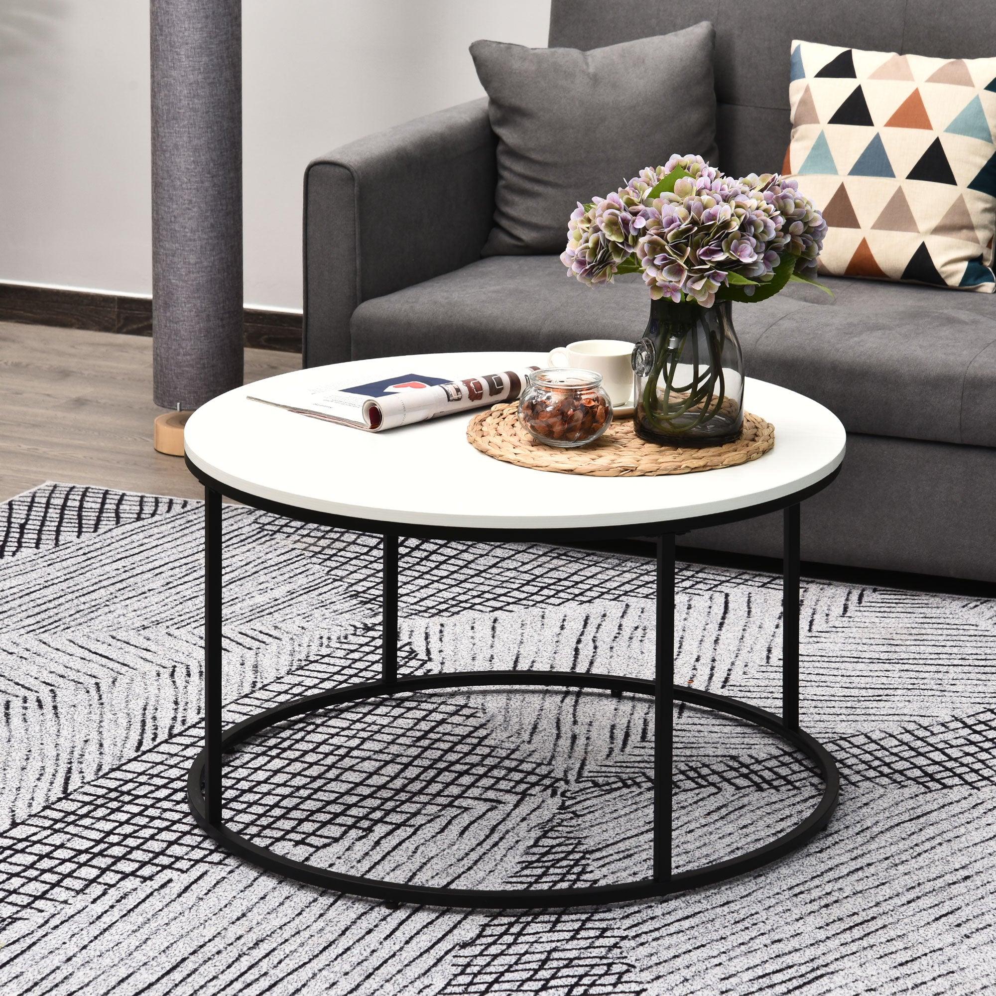 HOMCOM Modern Coffee Table, Round Accent Center Table with Metal Frame, Adjustable Feet, White