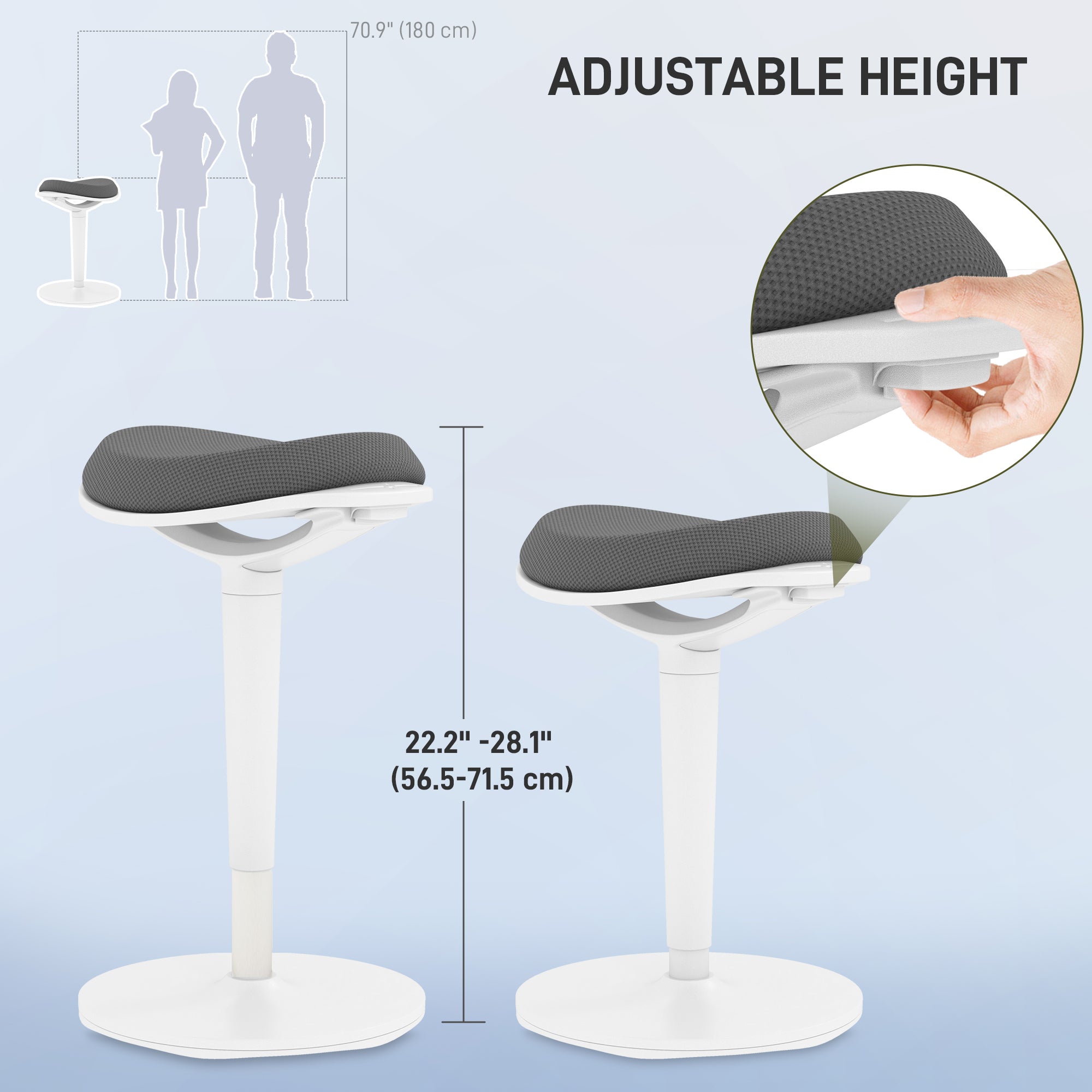HOMCOM Standing Desk Chair, Backless Wobble Chair, 22.2-28.1 Inches, Ergonomic Adjustable Active Learning Stool for Office Desks, with Rocking Motion, Padded, Grey
