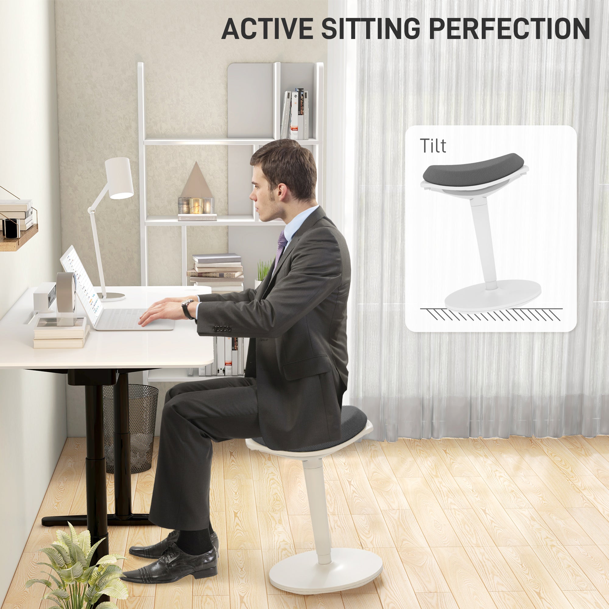 HOMCOM Standing Desk Chair, Backless Wobble Chair, 22.2-28.1 Inches, Ergonomic Adjustable Active Learning Stool for Office Desks, with Rocking Motion, Padded, Grey