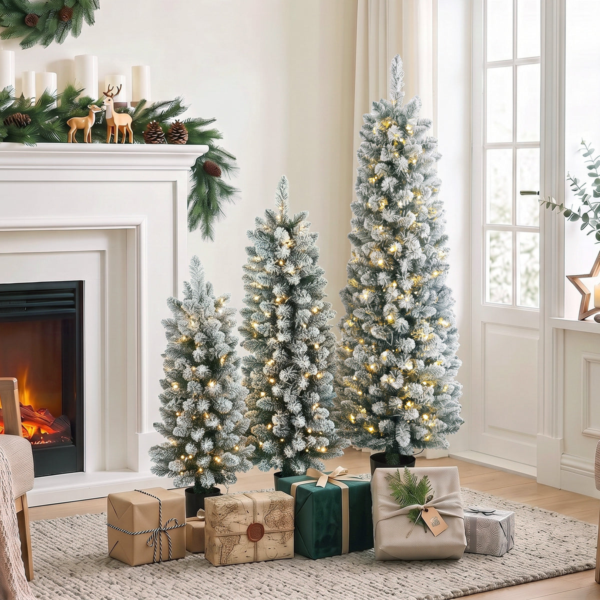 Prelit Snowy Flocked Artificial Christmas Tree Set of 3, Slim Xmas Tree with PVC Tips, Warm White LED Lights, 8 Modes, Space Saving Pencil Xmas Decoration Tree 3FT+4FT+5FT