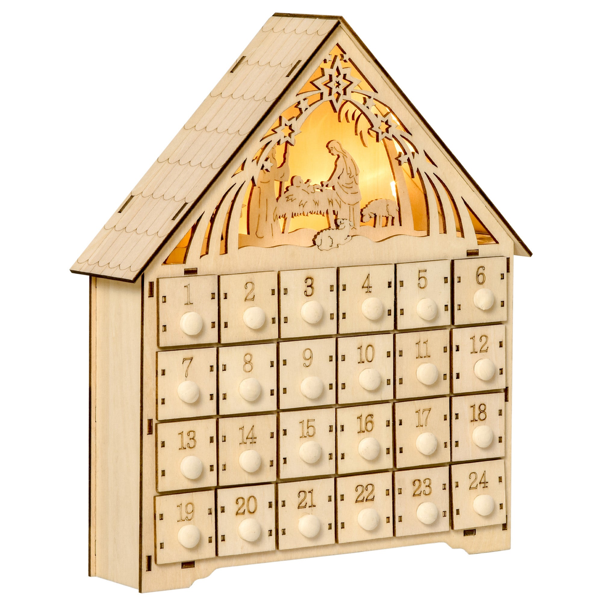 HOMCOM Wooden Christmas Advent Calendar, Lighted 24 Days Xmas Calendar House, Christmas Table Decoration with Countdown Drawers, Bible Characters, Battery Operated, Natural