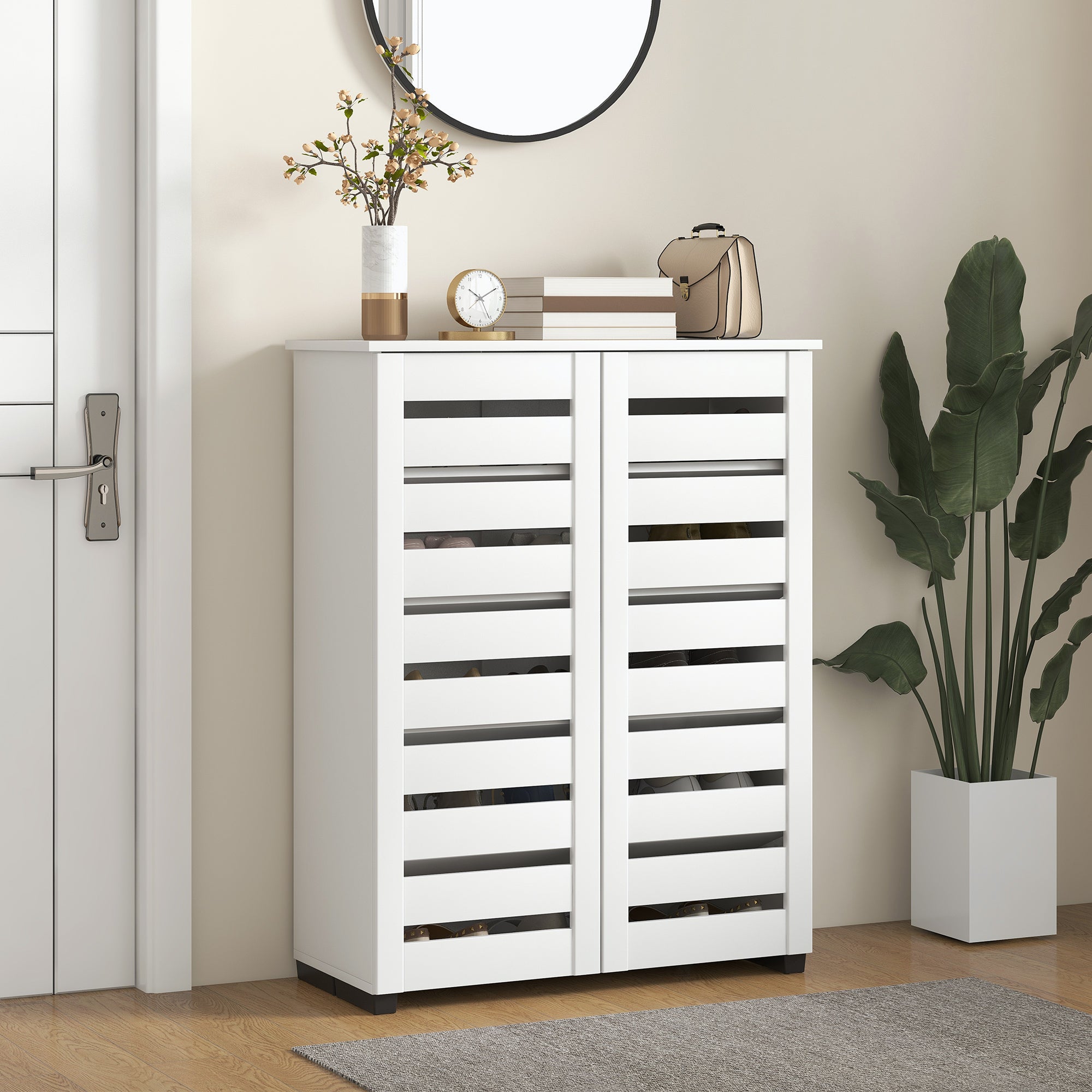Narrow Shoe Cabinet for Entryway, 5-Tier Slim Shoe Storage Cabinet with 2 Slatted Doors and Adjustable Shelves for 15 Pairs, White