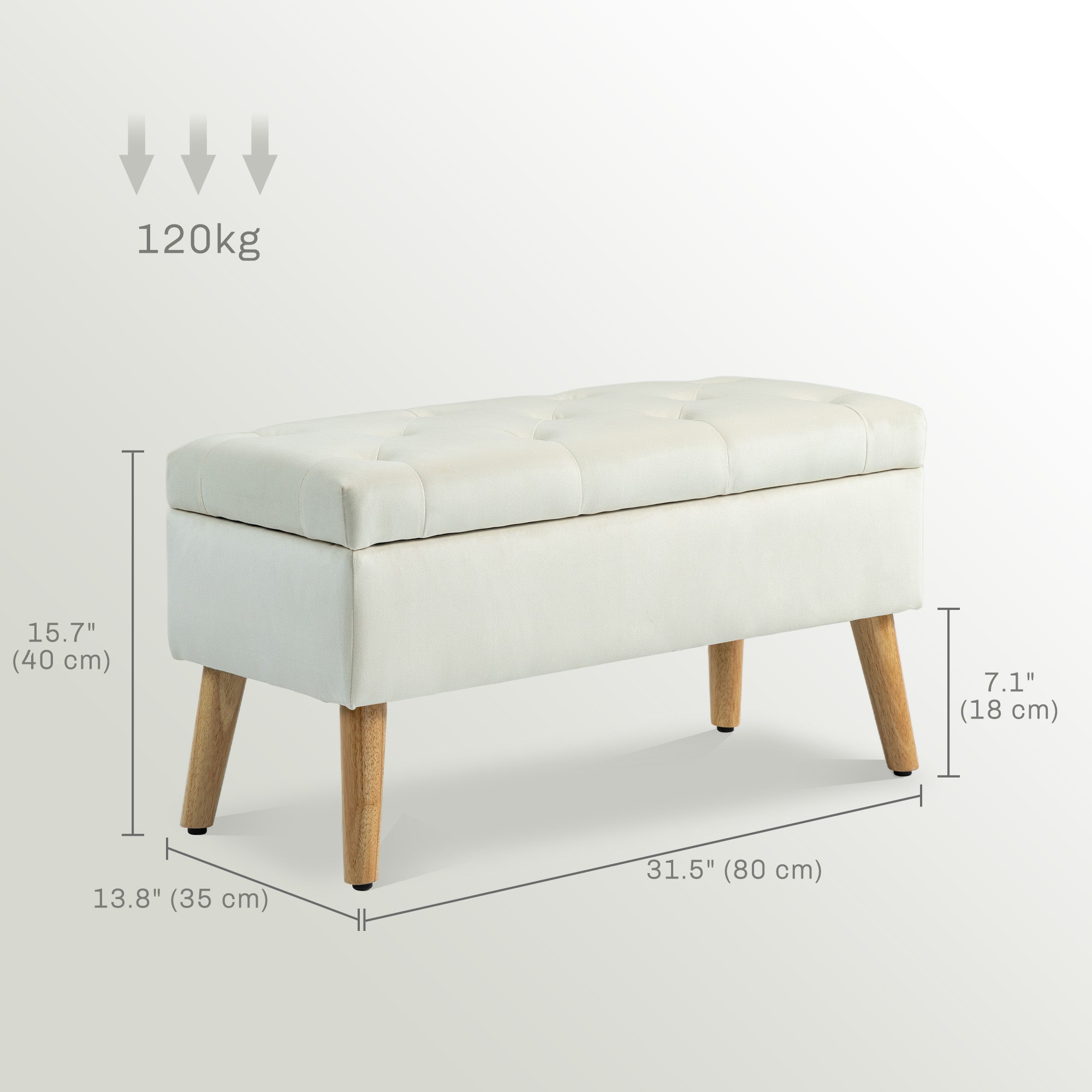 HOMCOM Storage Ottoman with Lid, Velvet Upholstered Storage Bench, Foot Stool with Wood Legs for Living Room, Bedroom, Entryway, 31.5" x 13.8" x 15.7", Cream White