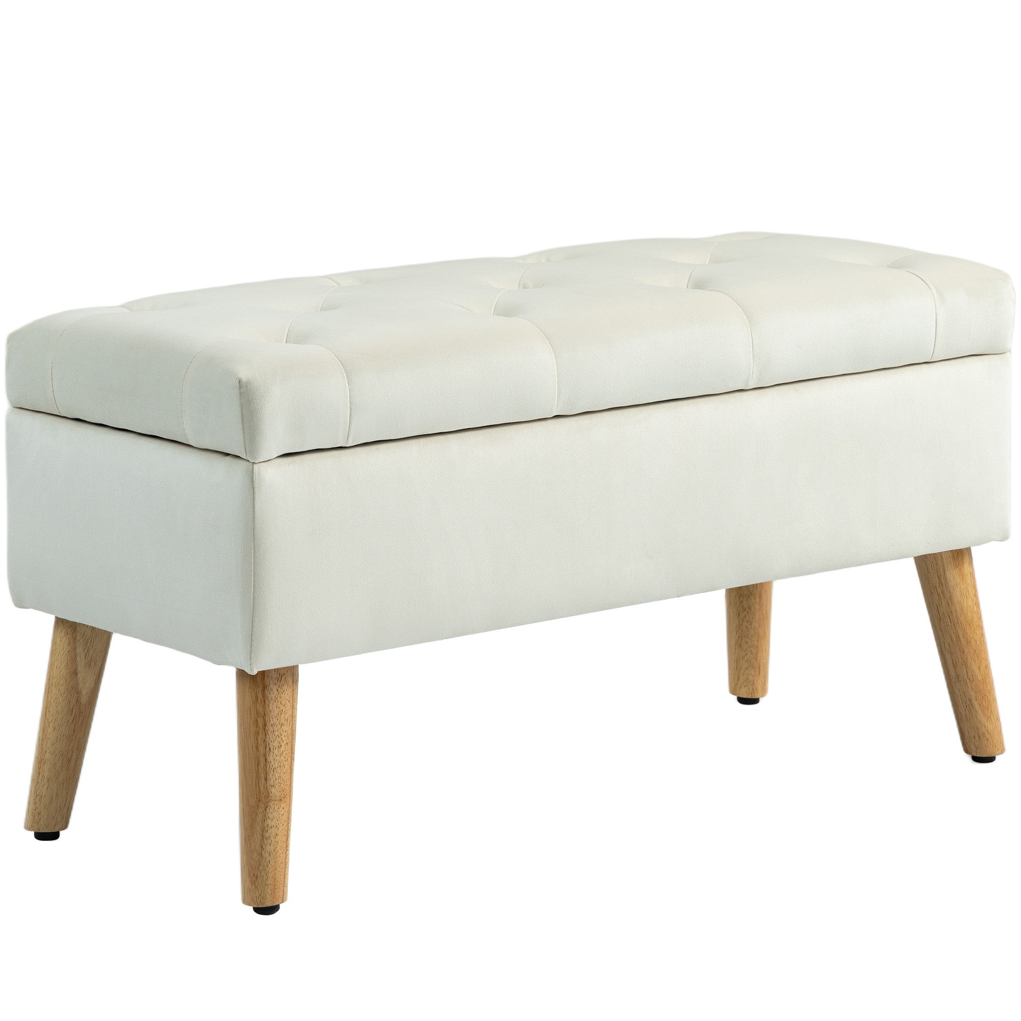 HOMCOM Storage Ottoman with Lid, Velvet Upholstered Storage Bench, Foot Stool with Wood Legs for Living Room, Bedroom, Entryway, 31.5" x 13.8" x 15.7", Cream White