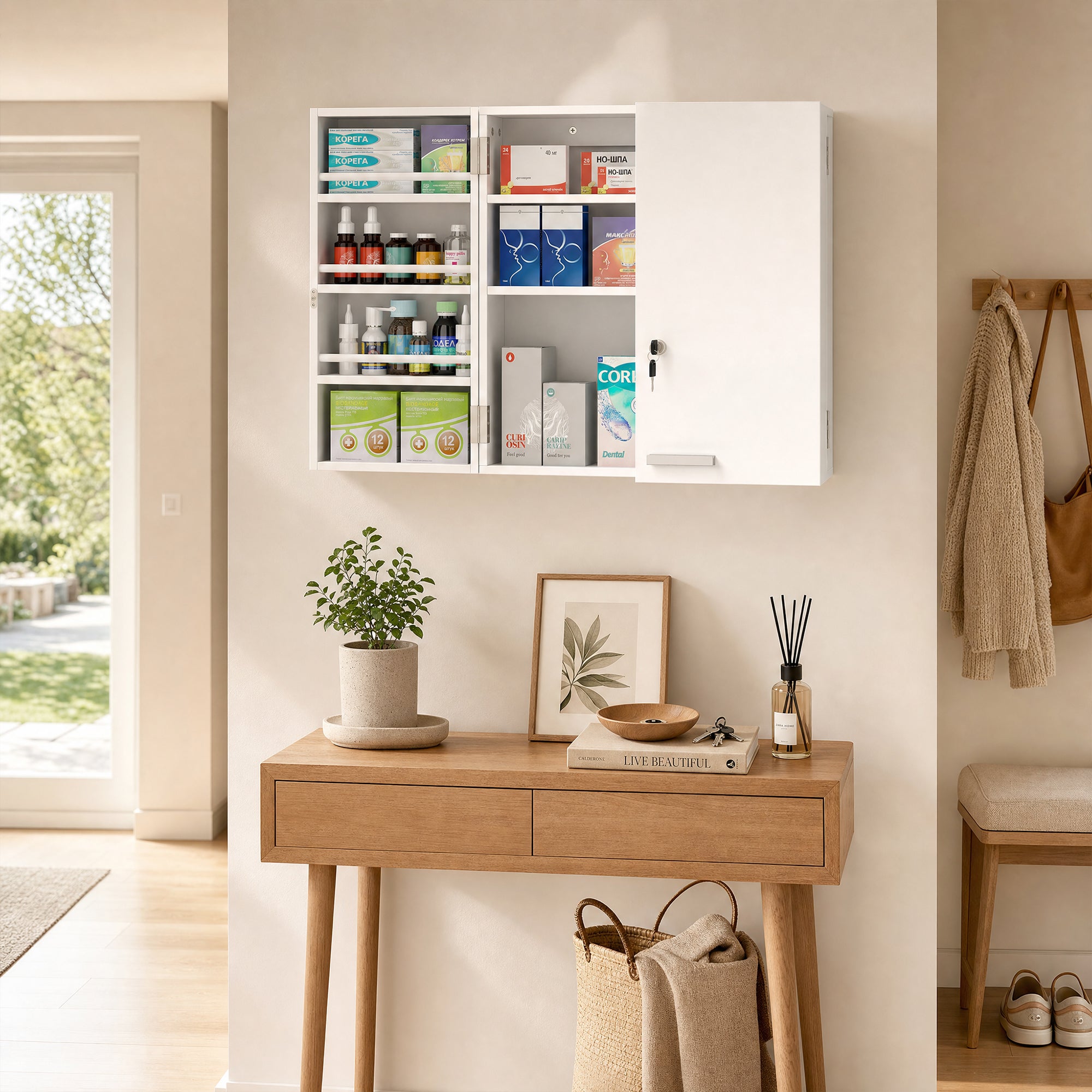 Wall Mount Medicine Cabinet with Key Lock, 3 Tier First Aid Cabinet with 2 Doors and 11 Storage Compartments, Medical Organiser for Bathroom, Home Office, 53 x 20 x 53 cm, White