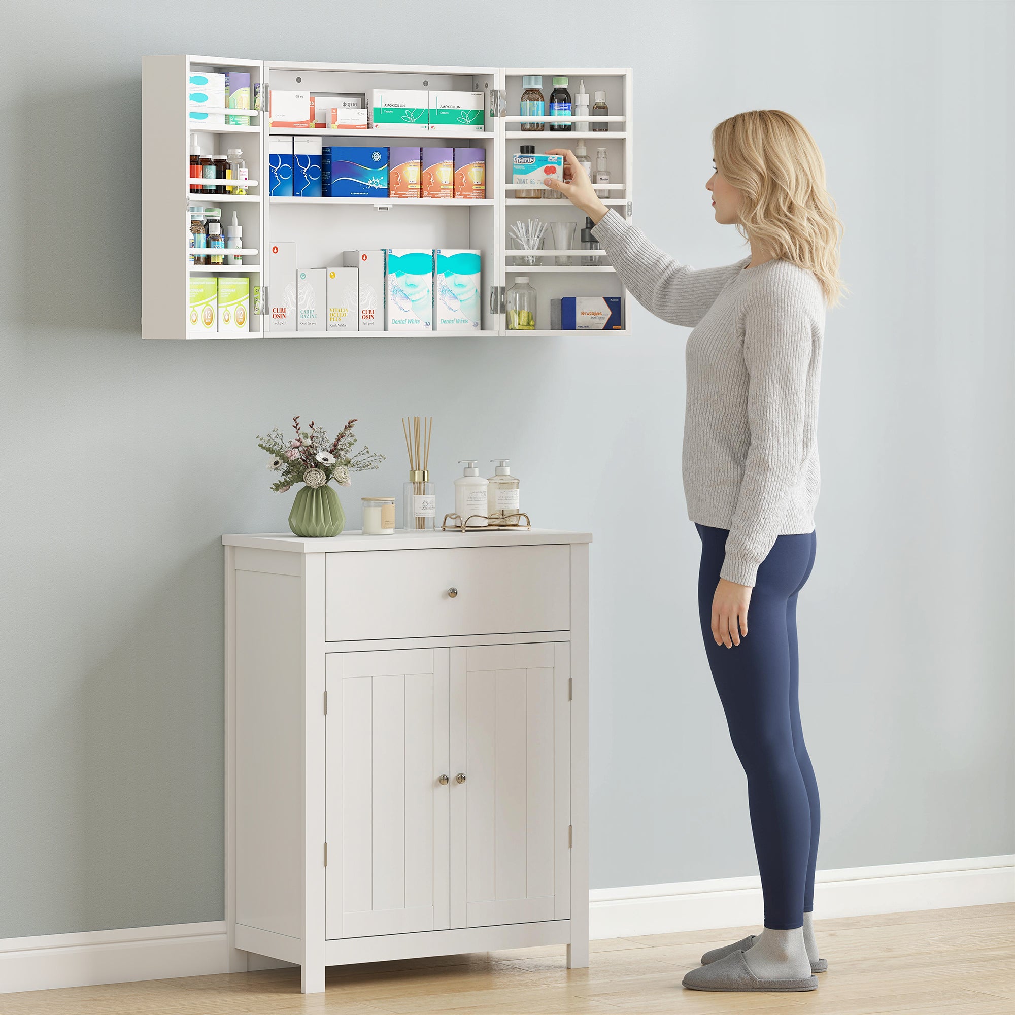 Wall Mount Medicine Cabinet with Key Lock, 3 Tier First Aid Cabinet with 2 Doors and 11 Storage Compartments, Medical Organiser for Bathroom, Home Office, 53 x 20 x 53 cm, White