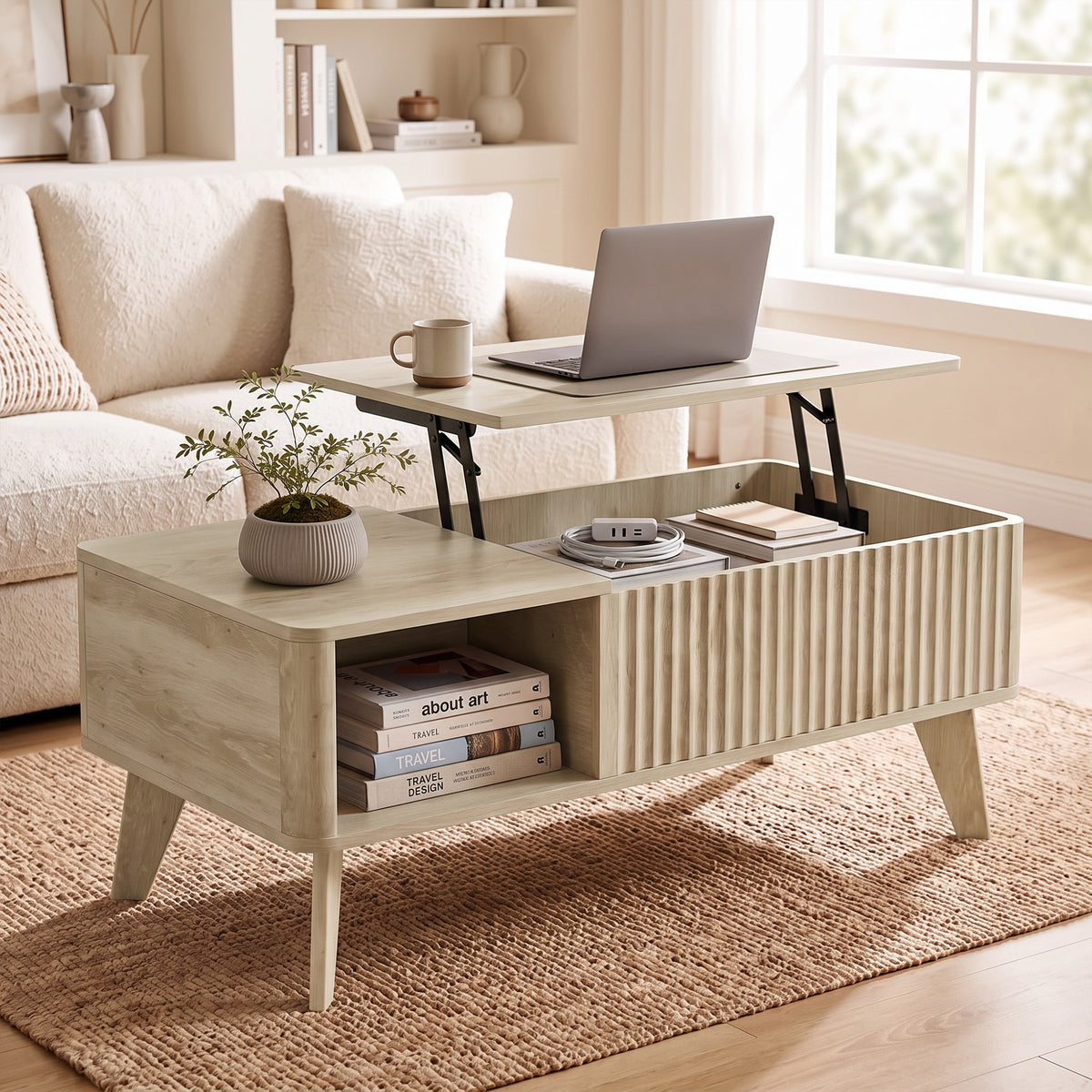 40" Fluted Lift Top Coffee Table with Storage, Mid-Century Modern Coffee Table with Hidden Compartment, Open Shelf and Rounded Corners for Living Room, Oak