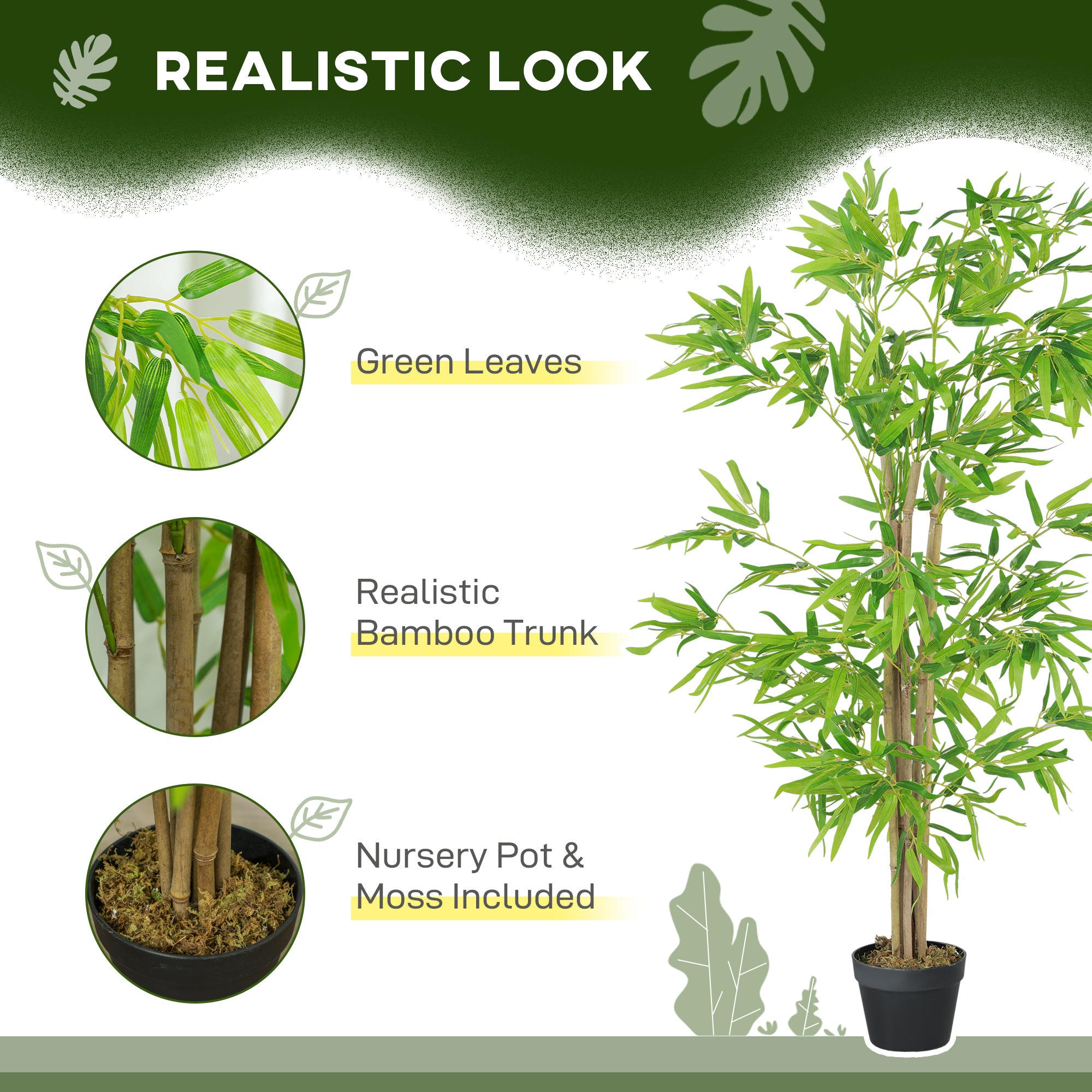 Artificial Bamboo Tree Set of 2, 5ft Tall Fake Tree with Realistic Leaf and Natural Trunk, Faux Decorative Plant in Nursery Pot for Indoor Decor