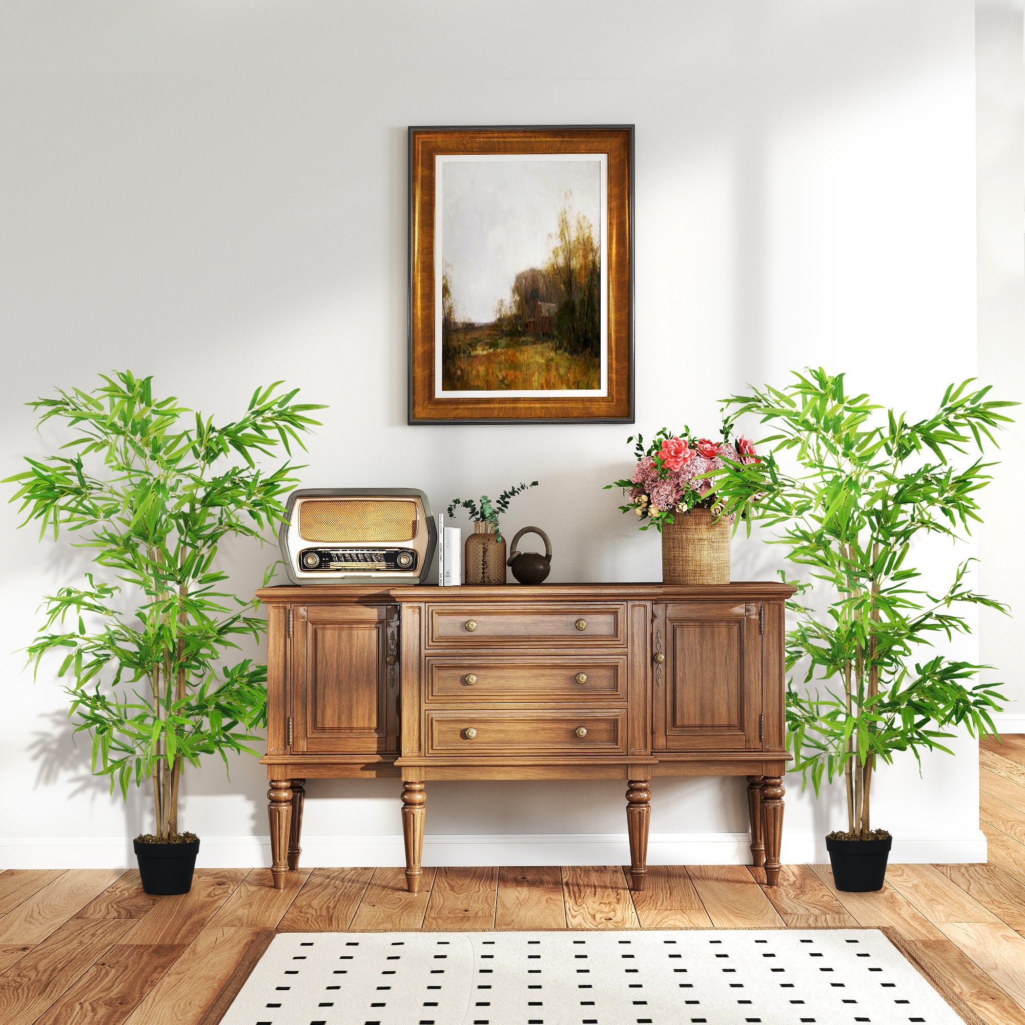 Artificial Bamboo Tree Set of 2, 5ft Tall Fake Tree with Realistic Leaf and Natural Trunk, Faux Decorative Plant in Nursery Pot for Indoor Decor