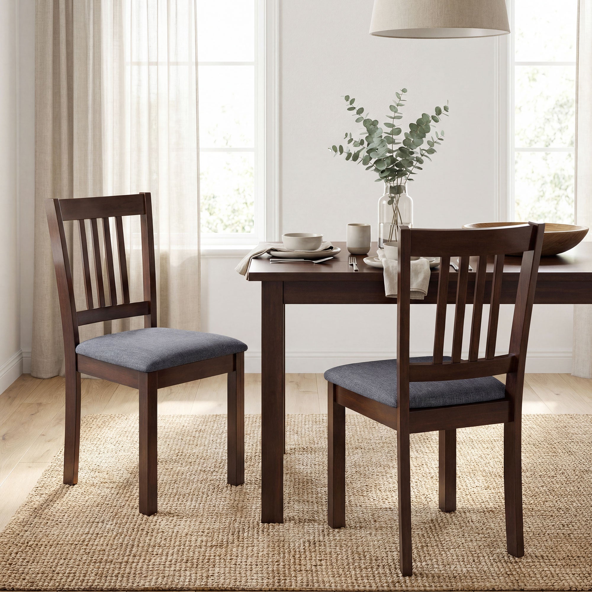 Modern Dining Chairs Set of 2, Linen Fabric Upholstered Kitchen Chairs with Rubberwood Legs for Dining Room, Living Room, Gray and Walnut