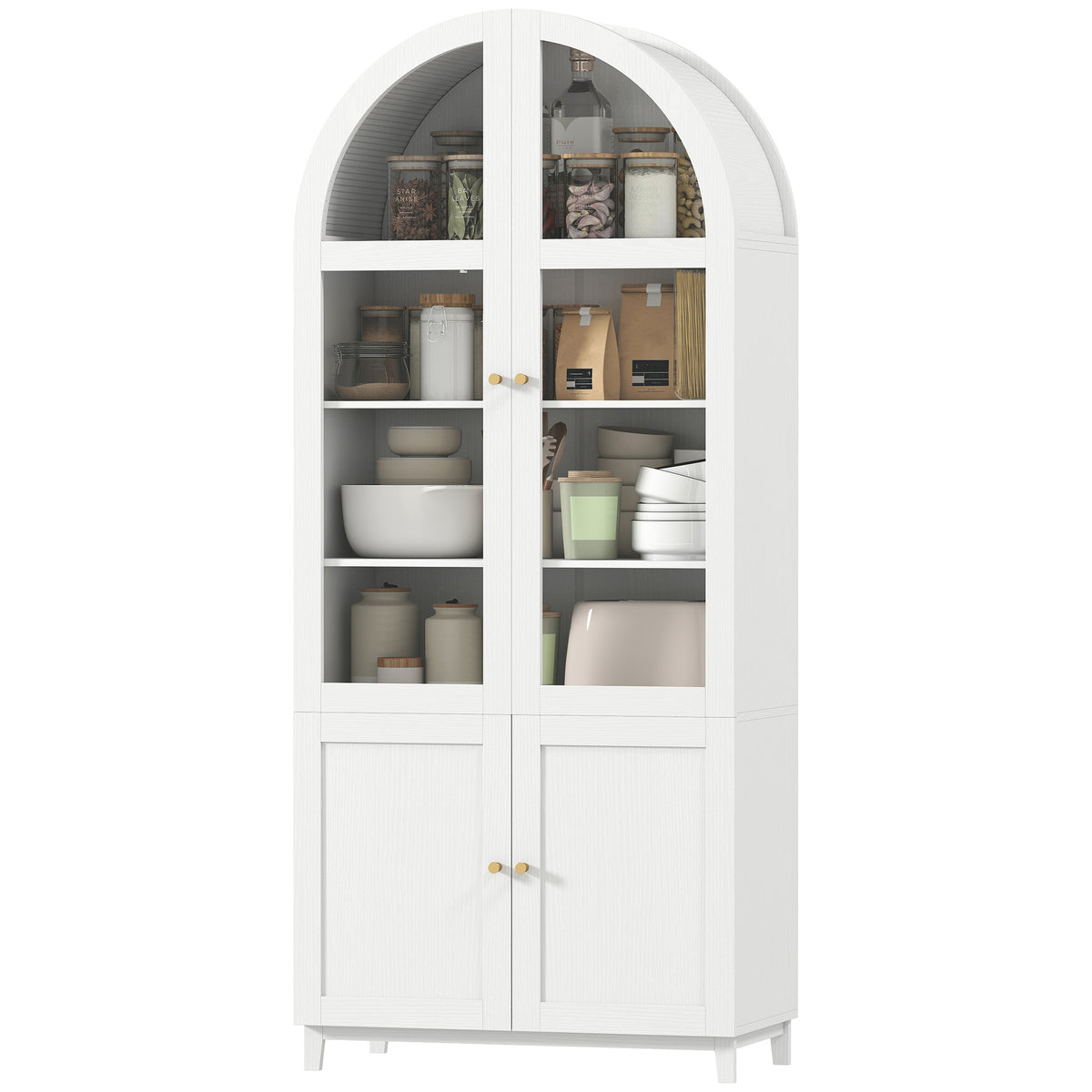 71" Tall Arched Kitchen Pantry Cabinet, Farmhouse Freestanding Kitchen Storage Cabinet with Adjustable Shelves, Acrylic Glass Doors for Living Room, Dining Room, White