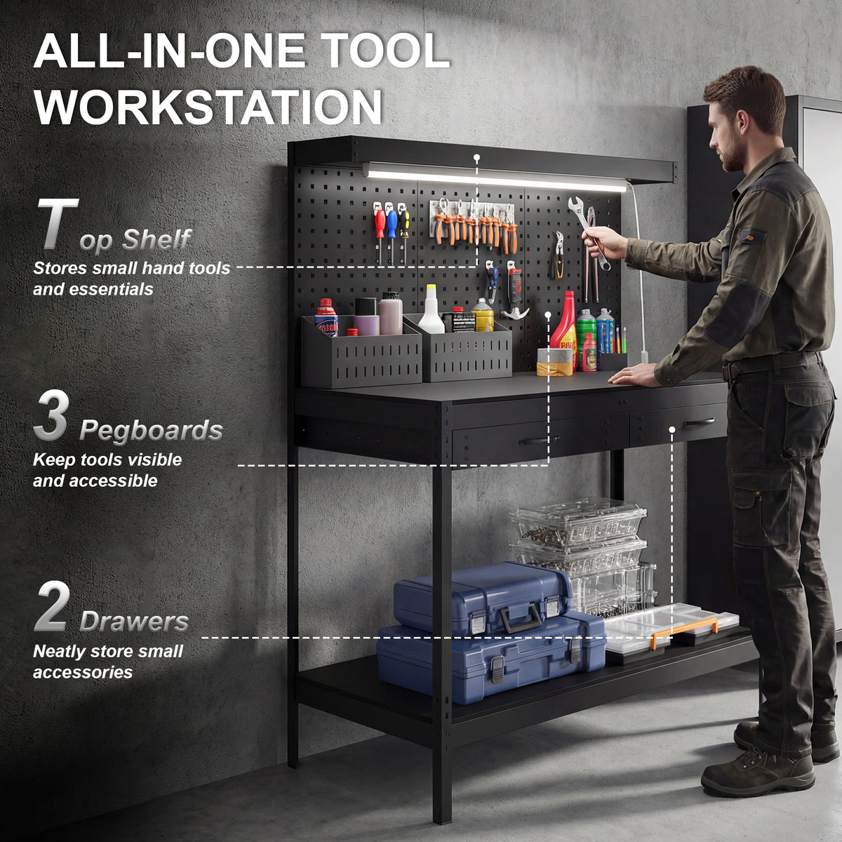 Workbench with Pegboard, Heavy Duty Work Table with Power Strip and LED Light, 43" x 24"  Workstation with 2 Drawers and Shelf, 600 lbs. Capacity for Garage Workshop, Black