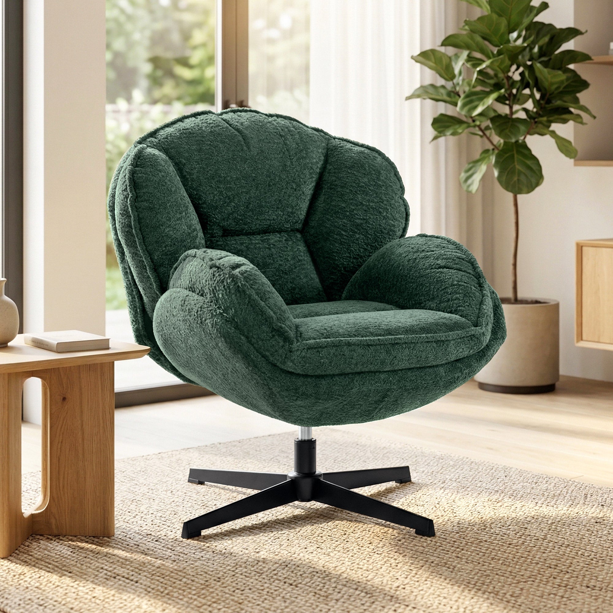 Modern Wingback Accent Chair, Velvet Armchair with 360° Swivel, Four-Star Base, S-Springs, Bedroom Chair for Living Room, Bedroom, Study, Dark Green