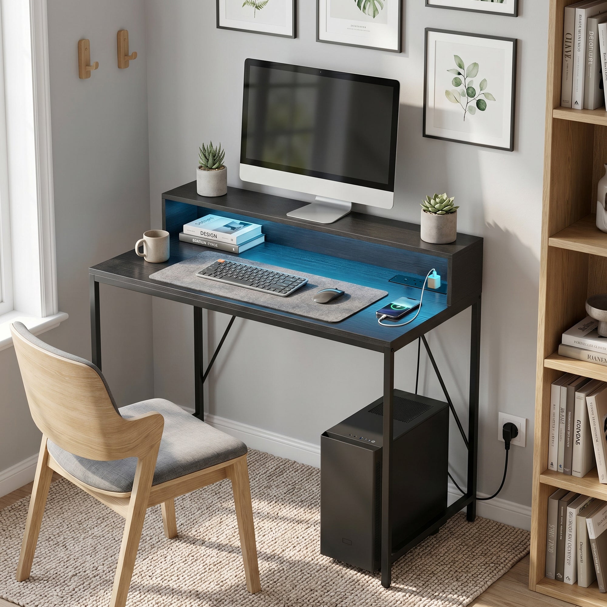 100cm Computer Desk with LED Lights and Power Outlets, Gaming Desk with Monitor Stand, Computer Table with Remote for Home Office Study, Black Wood-Effect