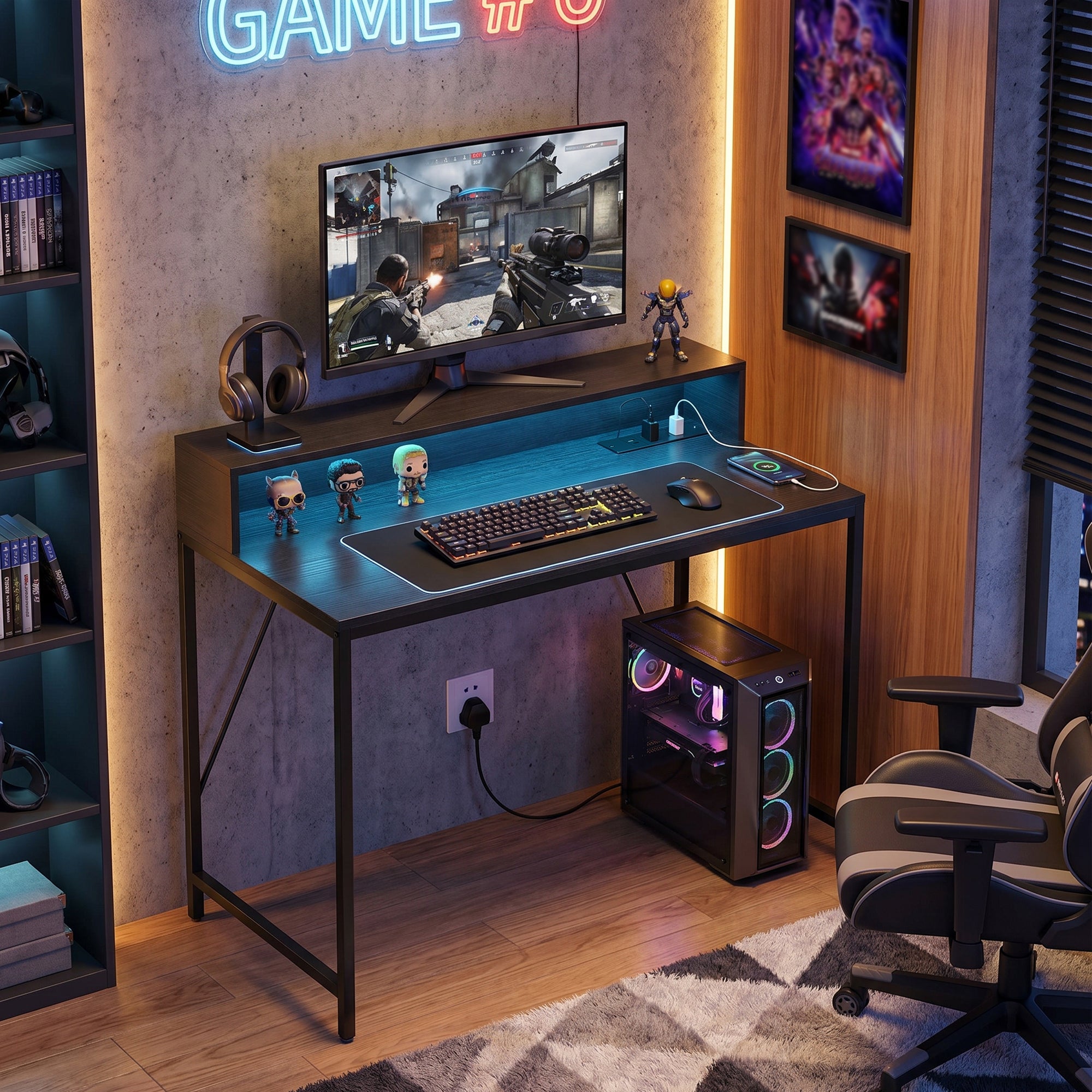100cm Computer Desk with LED Lights and Power Outlets, Gaming Desk with Monitor Stand, Computer Table with Remote for Home Office Study, Black Wood-Effect