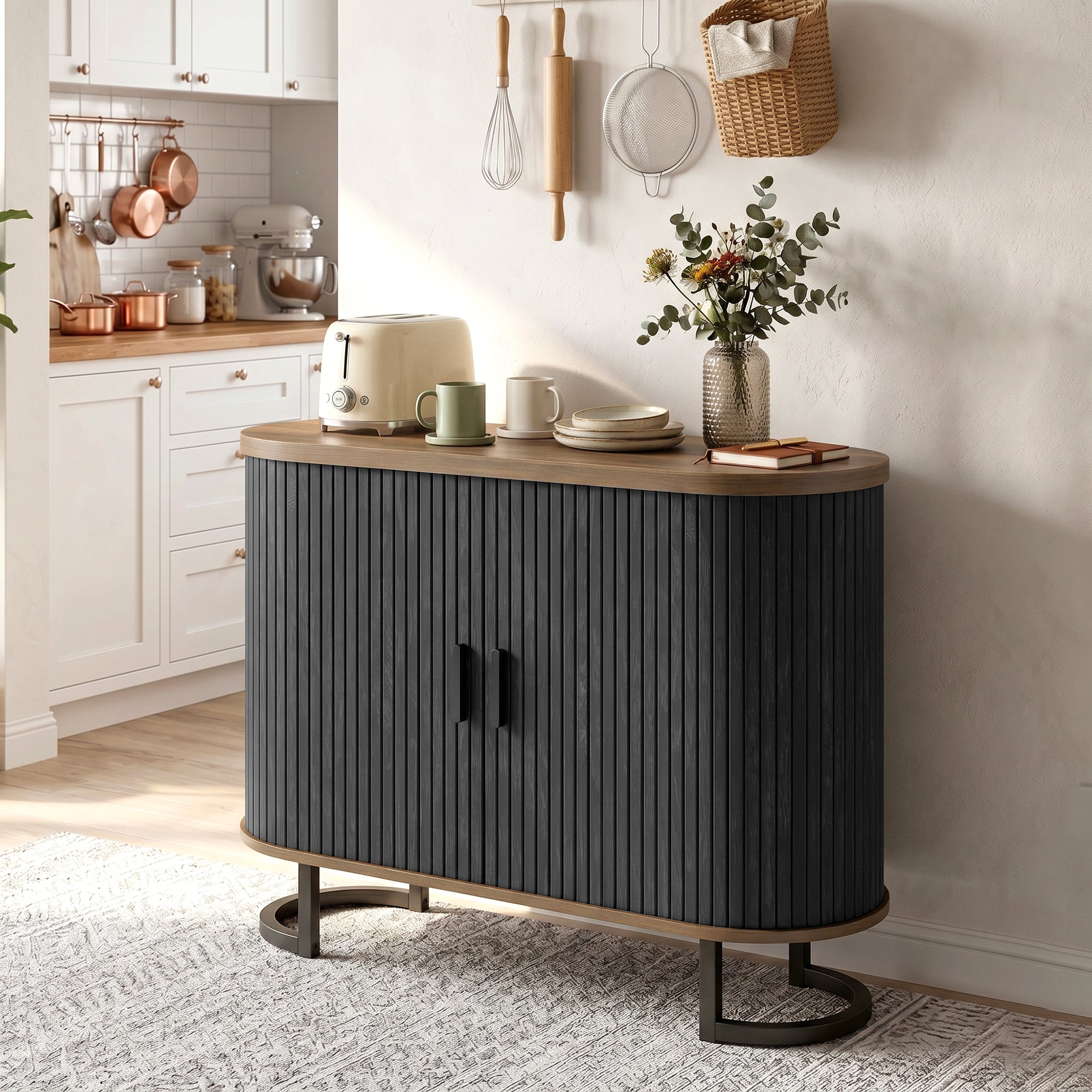 Sideboard Buffet Cabinet with Curved Tambour Doors and Thick Tabletop, 39.4" Coffee Bar Cabinet with Arc Metal Legs, Coffee Bar Station, Brown Wood Grain and Black