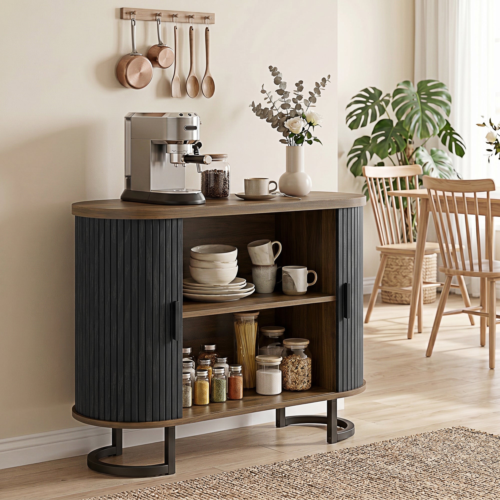 Sideboard Buffet Cabinet with Curved Tambour Doors and Thick Tabletop, 39.4" Coffee Bar Cabinet with Arc Metal Legs, Coffee Bar Station, Brown Wood Grain and Black