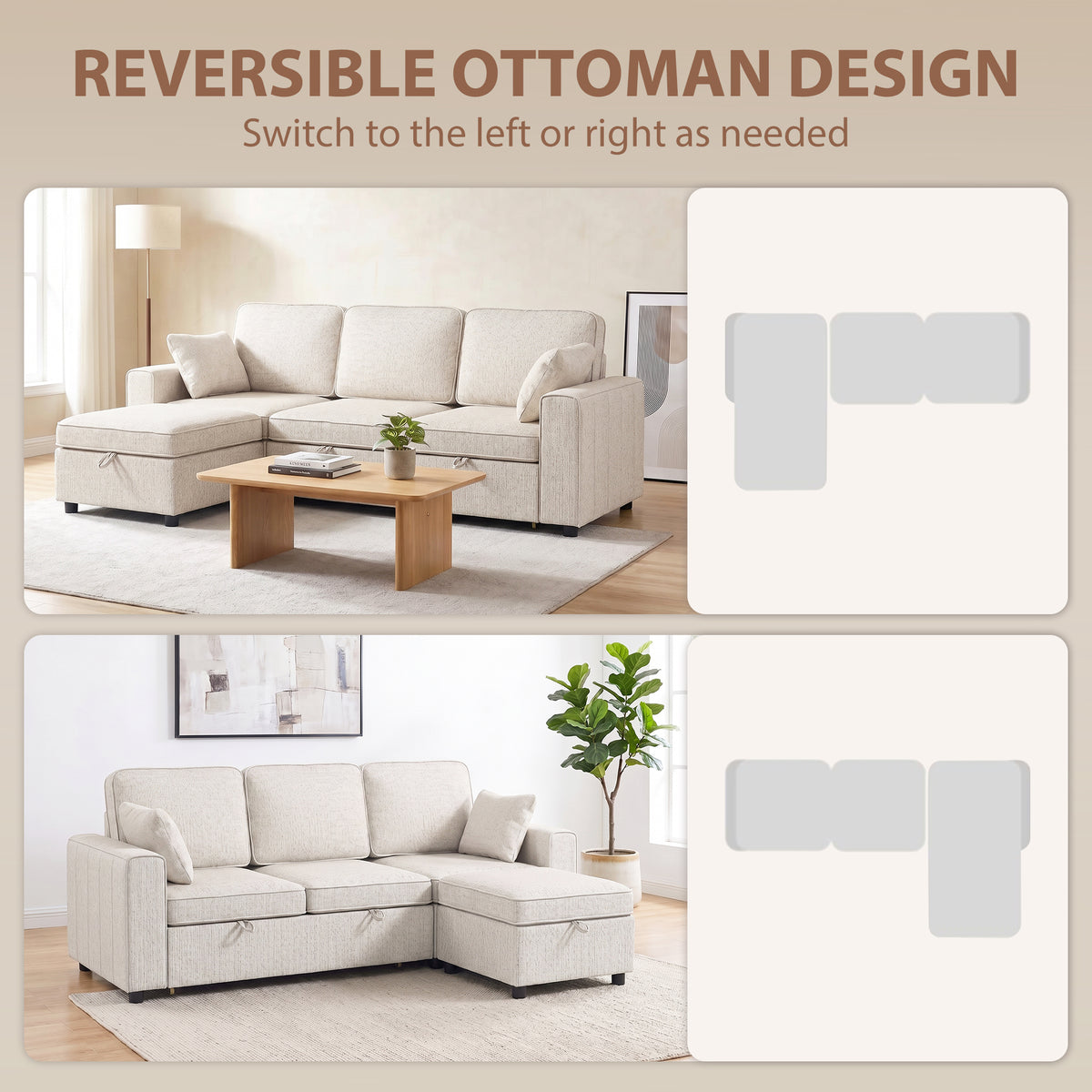 Modular Sectional Sofa Bed with Reversible Storage Ottoman, Chenille Pull Out Sleeper Sofa with Spring Cushion, Wide and Deep Seat, 3 Seater Couch for Living Room, Beige