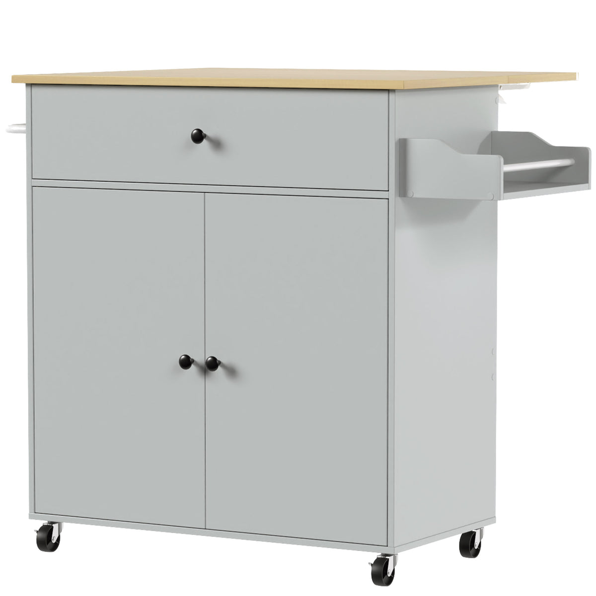 Kitchen Island with Drop Leaf, Rolling Kitchen Storage Trolley on Wheels with Drawer, Spice Rack and Towel Rack, Storage Cart with Adjustable Shelf, Grey