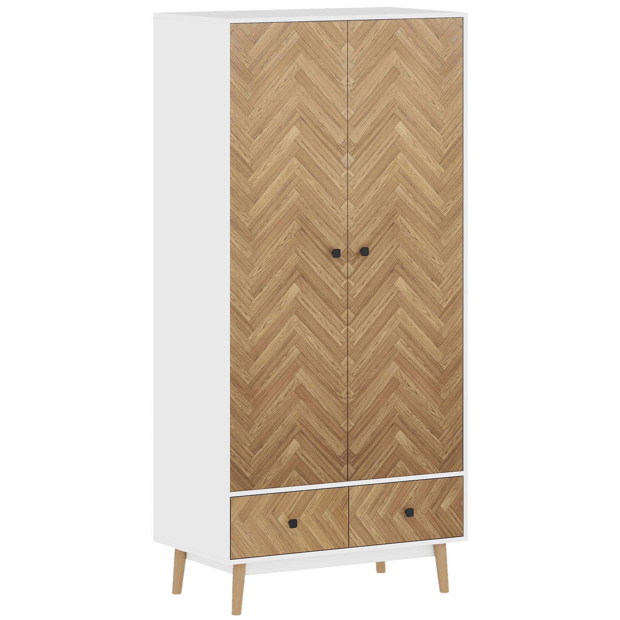 Modern Wardrobe Cabinet Wood-Effect Sticker Surface with 2 Hanging Rods, 2 Storage Shelves and 2 Drawers, 90 x 50 x 190 cm, White and Natural Wood Finish