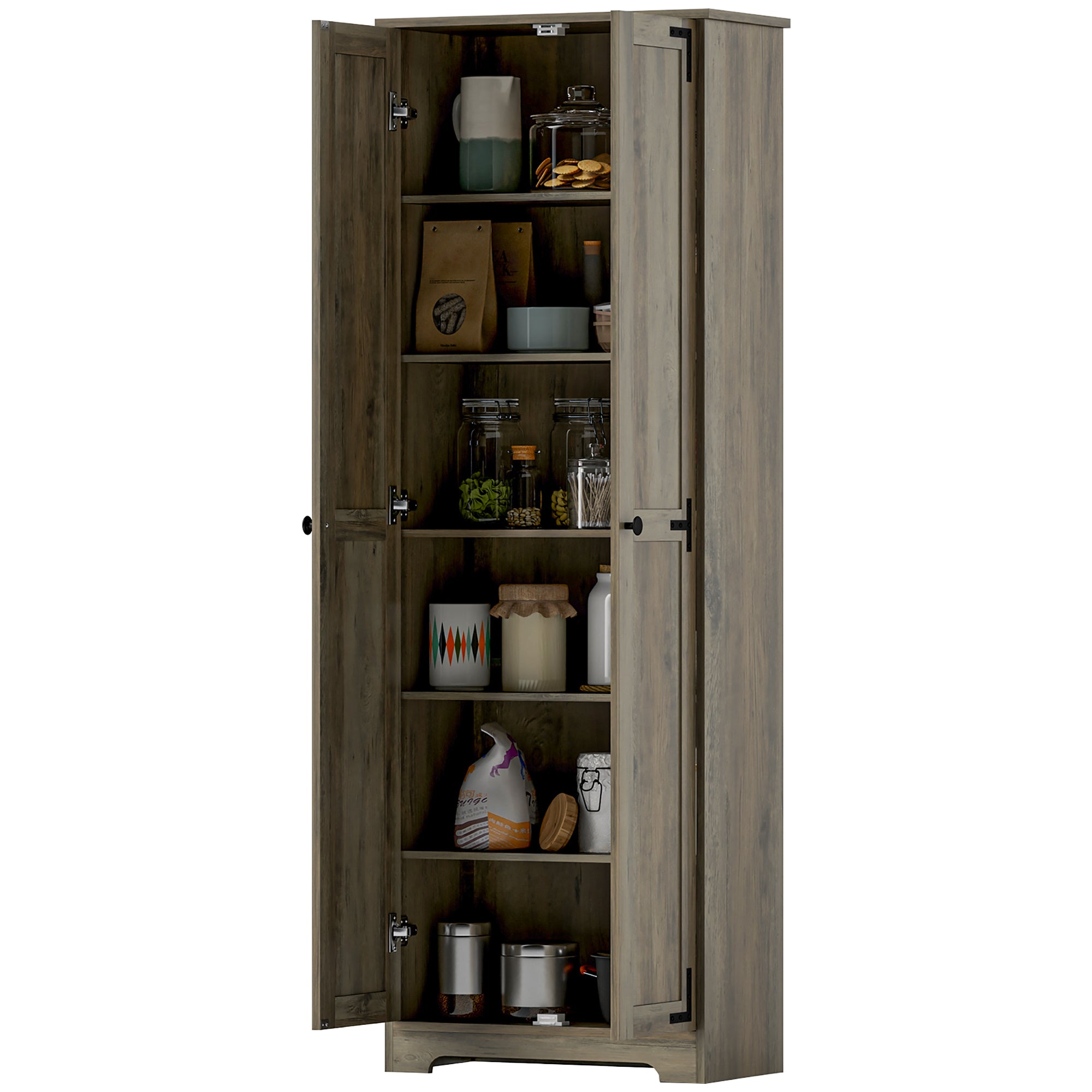 67" Farmhouse Pantry Cabinet, Freestanding Kitchen Pantry Storage Cabinet with Adjustable Shelves, Tall Storage Cupboard with Recessed Doors, Distressed Gray