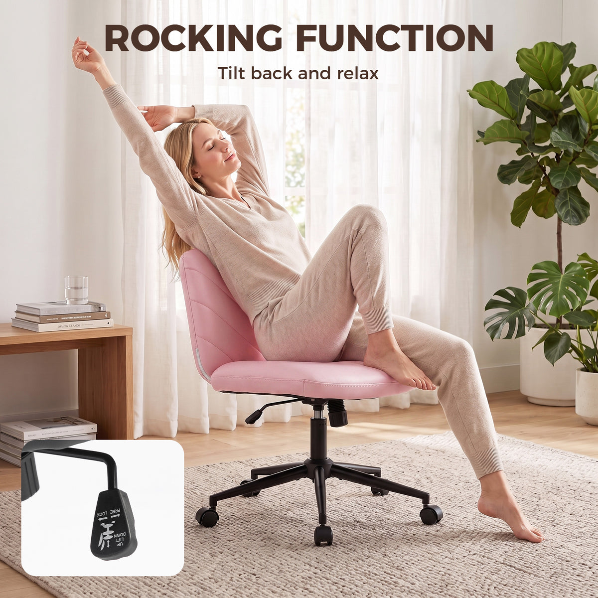 Criss Cross Legged Office Chair with Wide Seat, Swivel Desk Chair with Wheels, Rocking Function, Backrest, Adjustable Height, High-Density Foam, Computer Seat for Home Office, Bedroom, Pink