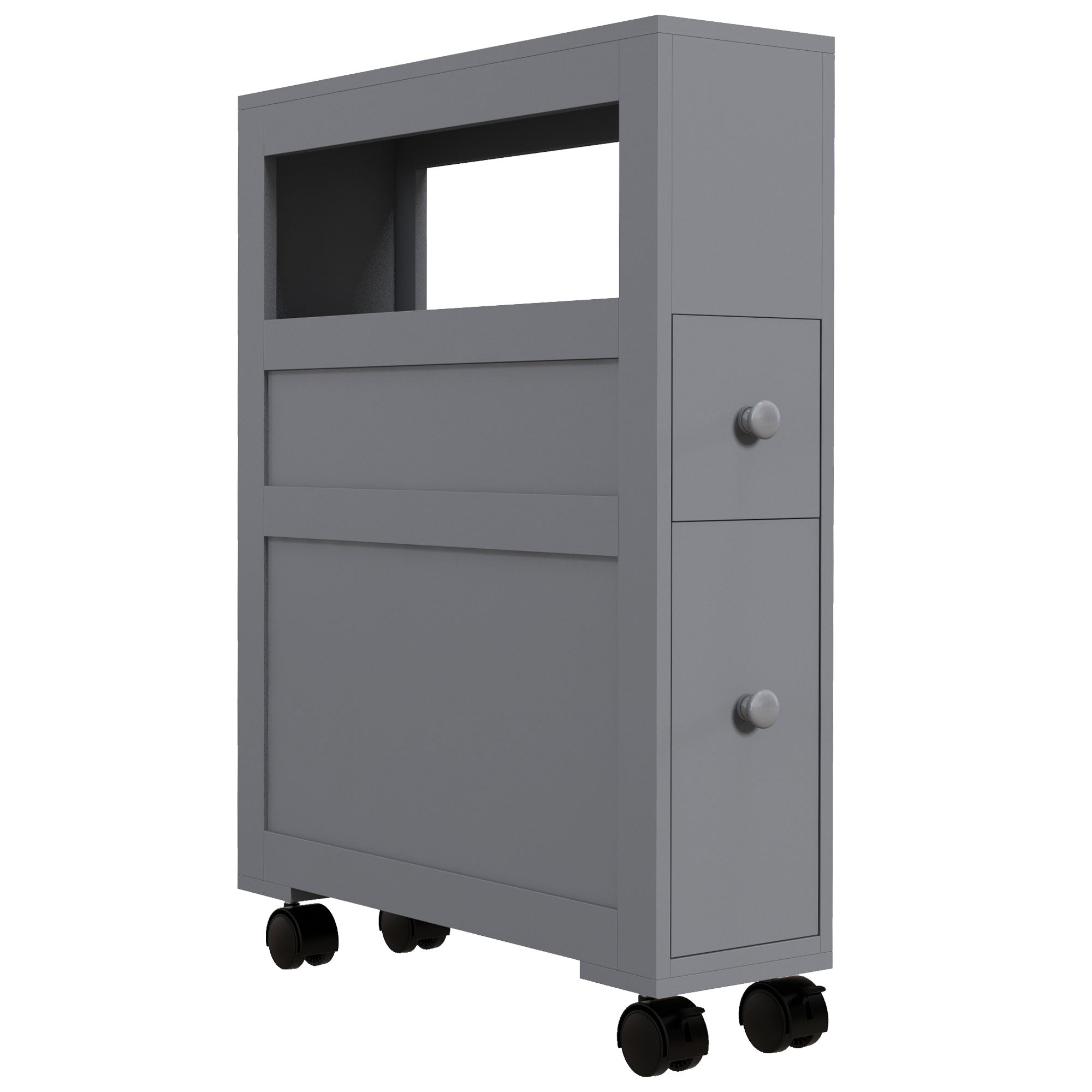 kleankin Space Saving Narrow Bathroom Storage Cabinet, Bath Toilet Paper Holder with Drawers and Rolling Wheels, Gray