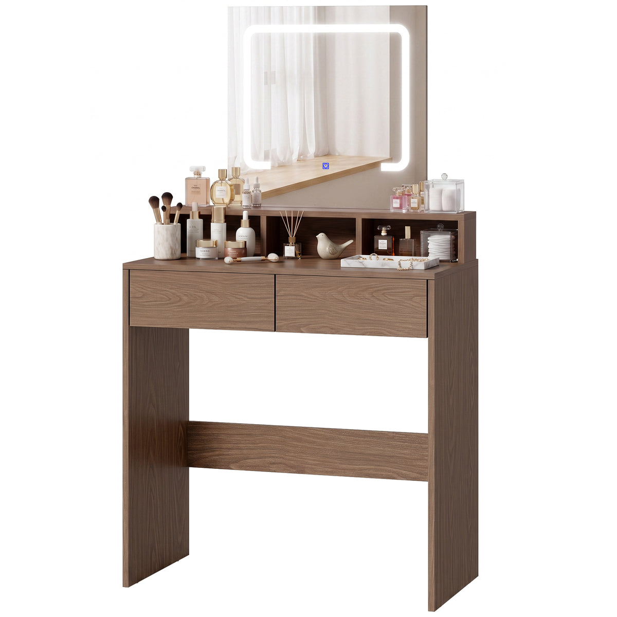 Dressing Table with Mirror and LED Lights, Vanity Table with 2 Drawers, 3 Compartments, 3 Colour Lighting, for Bedroom, Modern Dresser Makeup Desk for Women and Girls, Walnut brown