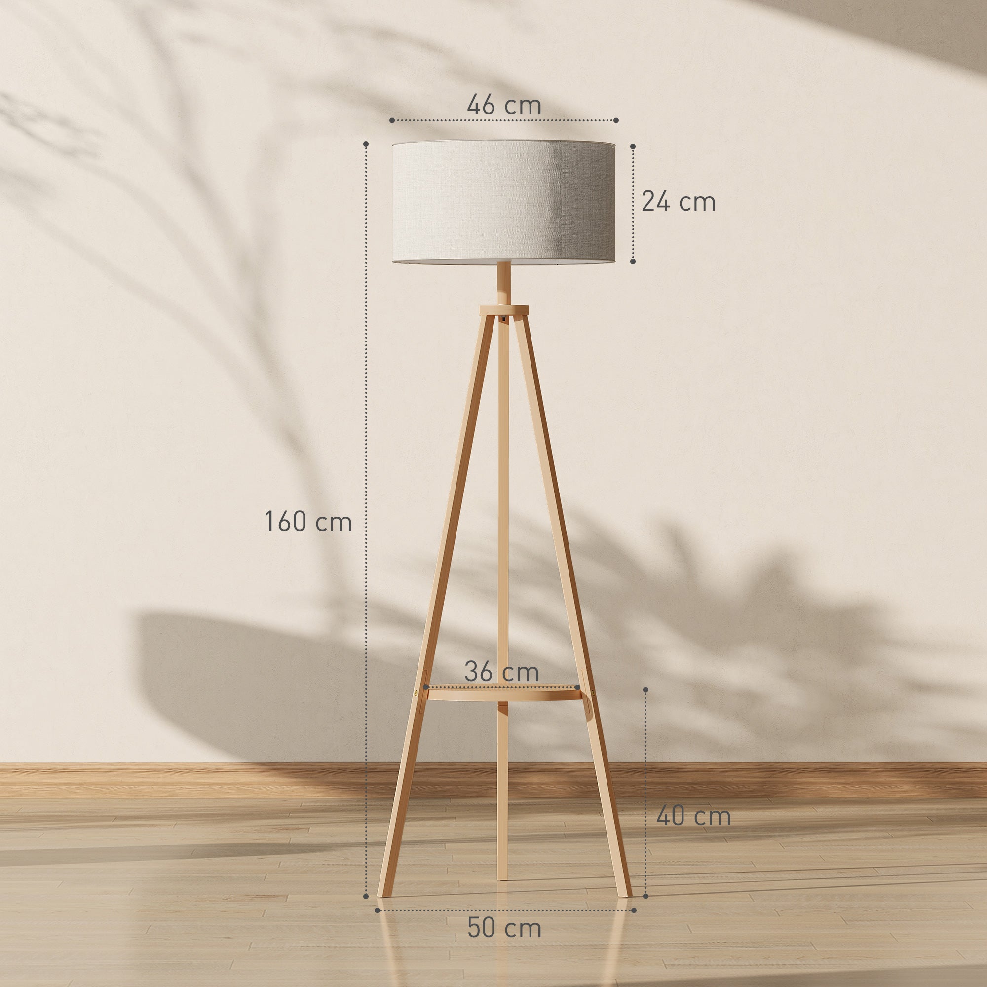 Tripod Floor Lamp, Freestanding Bedside Reading Light with Storage Shelf and Linen-Look Shade for Living Room and Bedroom, 160 cm, Natural Wood Colour
