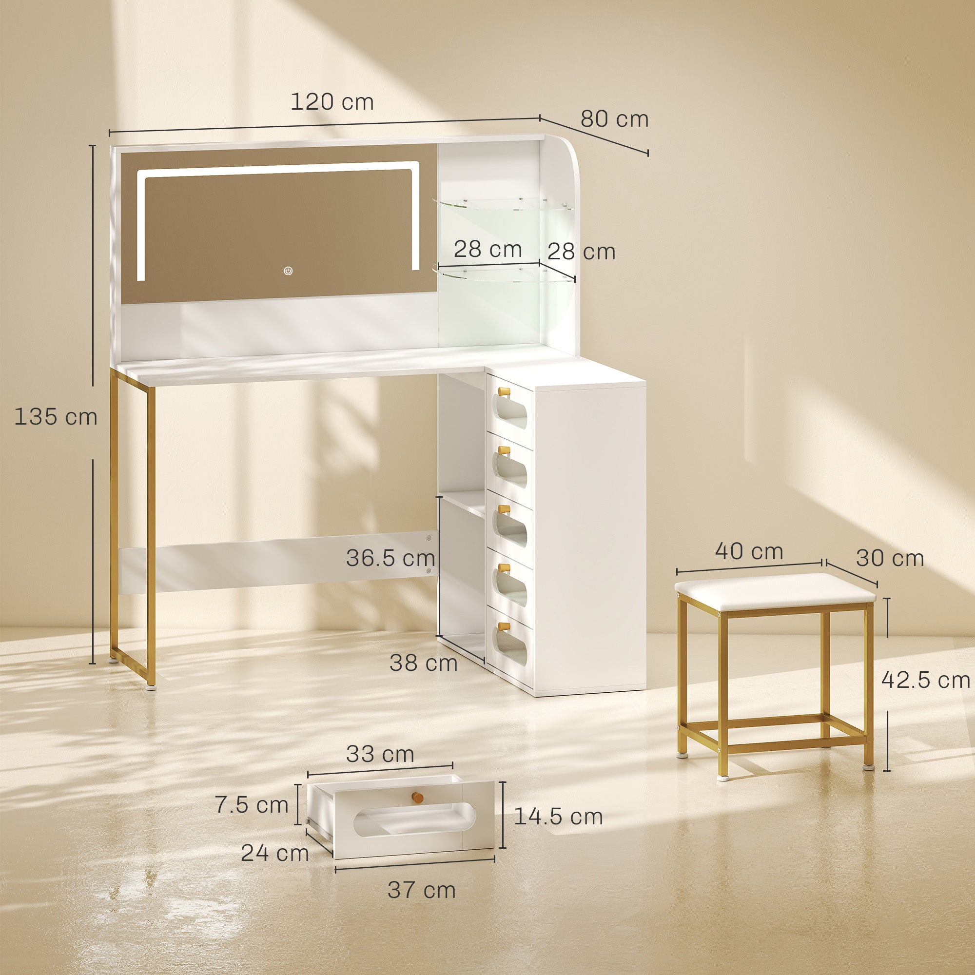 Dressing Table with Adjustable LED Mirror and Padded Stool, Corner L-Shaped Vanity Desk with 5 Drawers, 2 Open Shelves, 2 Glass Shelves, Modern Makeup Table for Bedroom, 120x80x135 cm, White