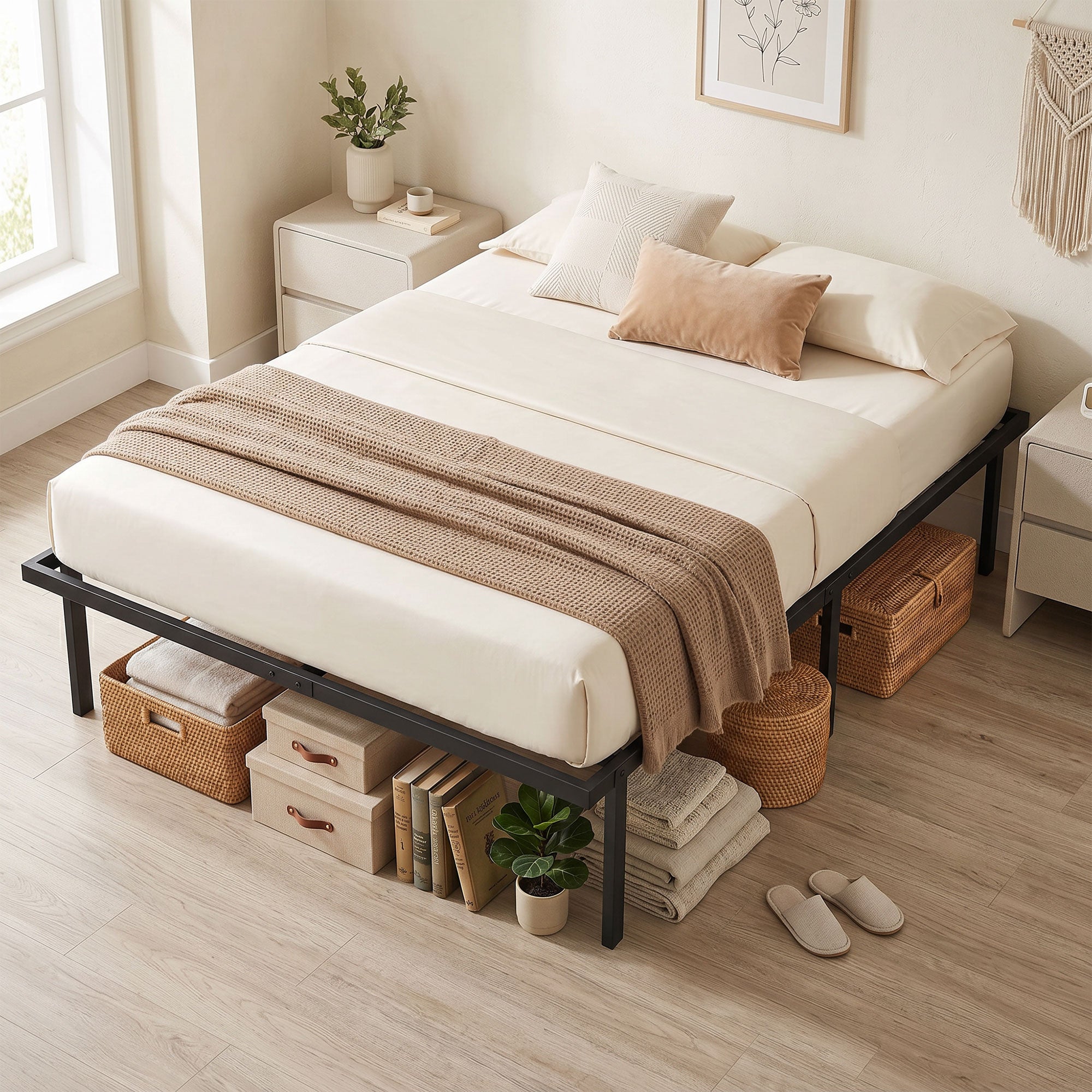 4ft6 Double Bed Frame with Underbed Storage, 35.5 cm Height, Metal Platform Bed Frame with Steel Slat Support, Noise-Free, No Box Spring Needed, Easy Assembly, Black