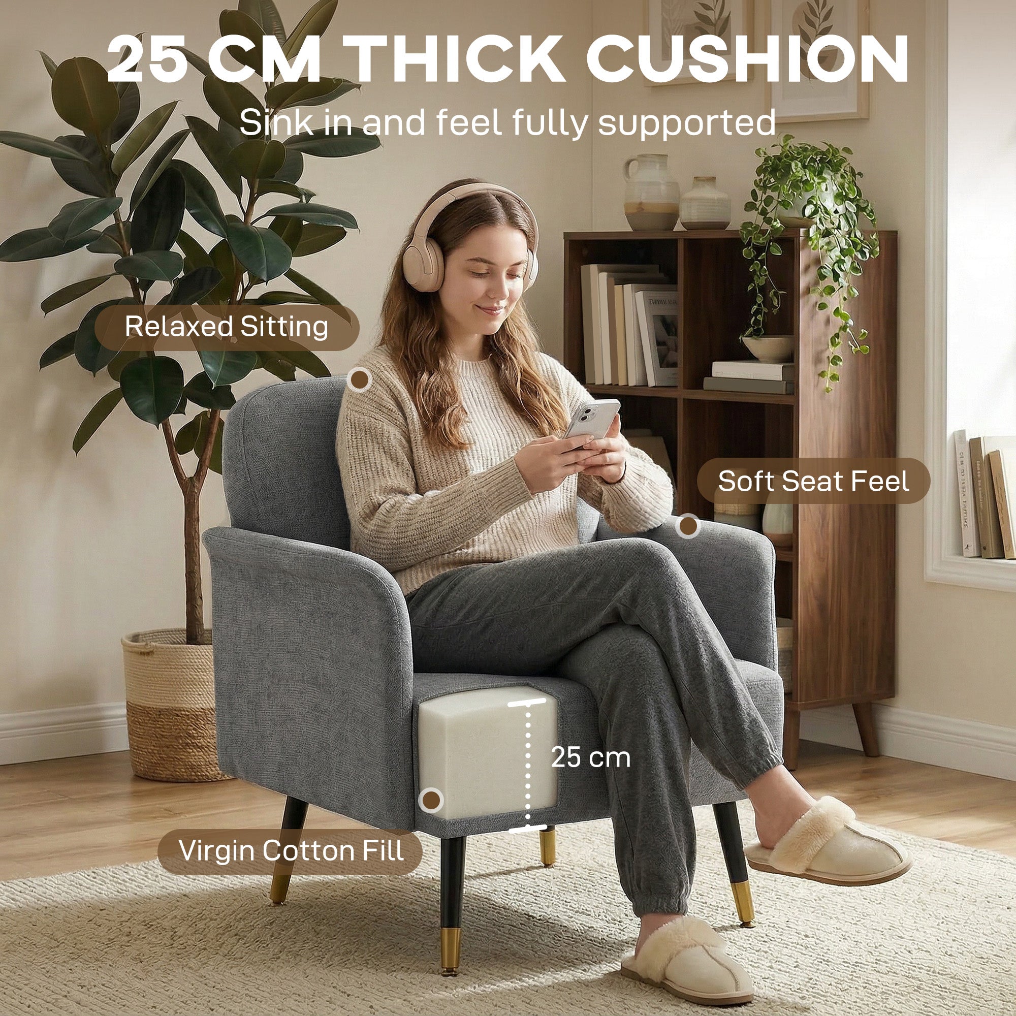 Modern Button Tufted Accent Chair, Upholstered Armchair, Living Room Chair with Thick Cushion and Metal Legs, Grey
