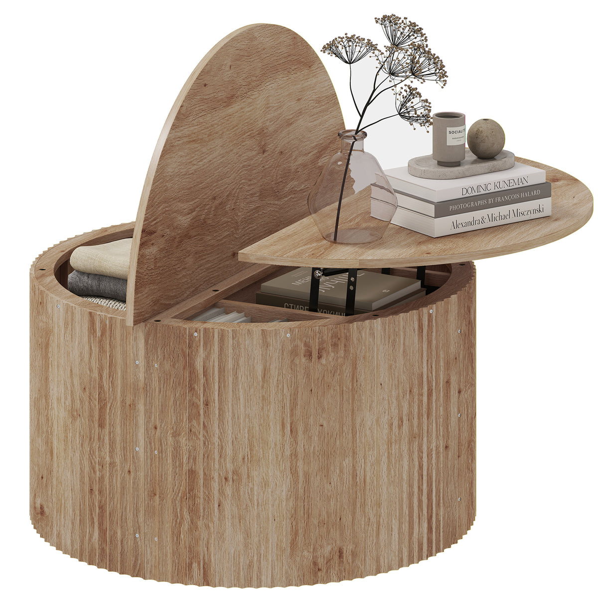 Lift Top Coffee Table, 32" Modern Fluted Round Coffee Table with Hidden Compartments and Soft-Close Hinged Top for Living Room, Natural Wood