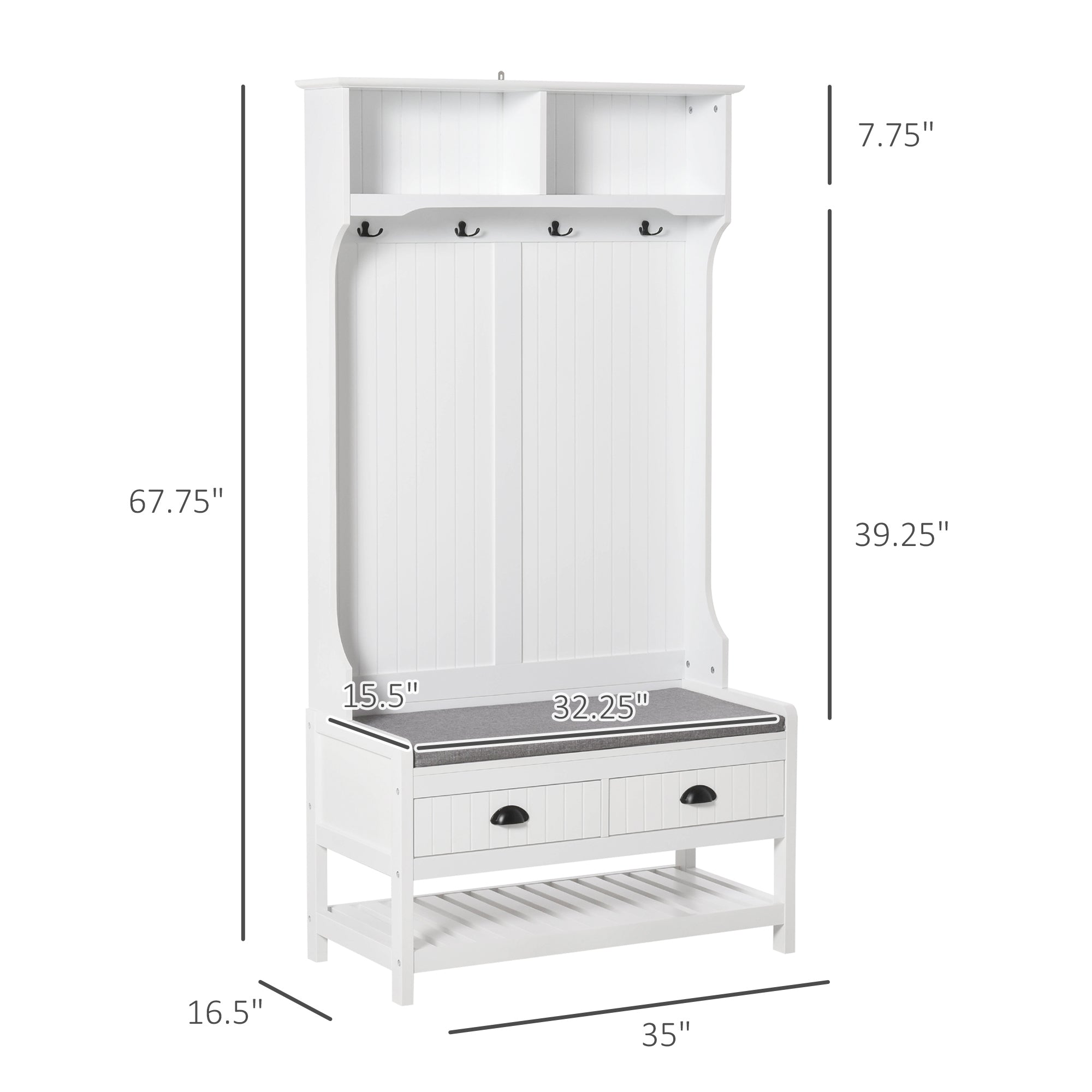 HOMCOM Coat Rack Shoe Bench, Hall Tree with Bench and Shoe Storage, Entryway Bench with 4 Hooks, 2 Drawers, 2 Storage Shelves, Shoe Rack and Padded Seat Cushion, White