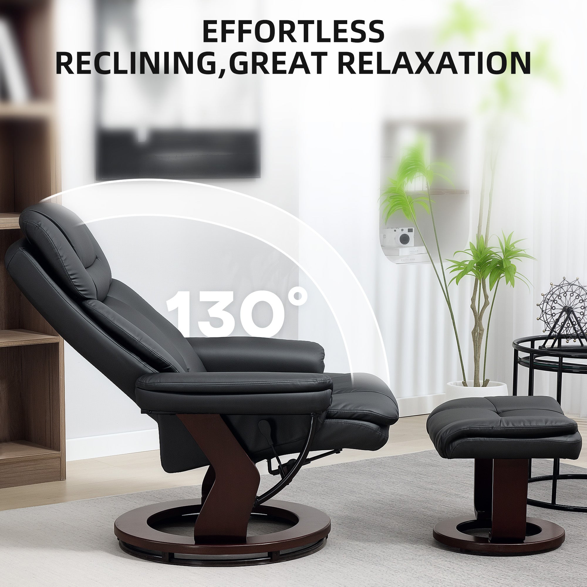 Swivel Recliner Chair with Ottoman, PU Leather Recliner with Adjustable Backrest, Footrest, Wood Base, Upholstered Reclining Chair for Living Room, Bedroom, Office, Black