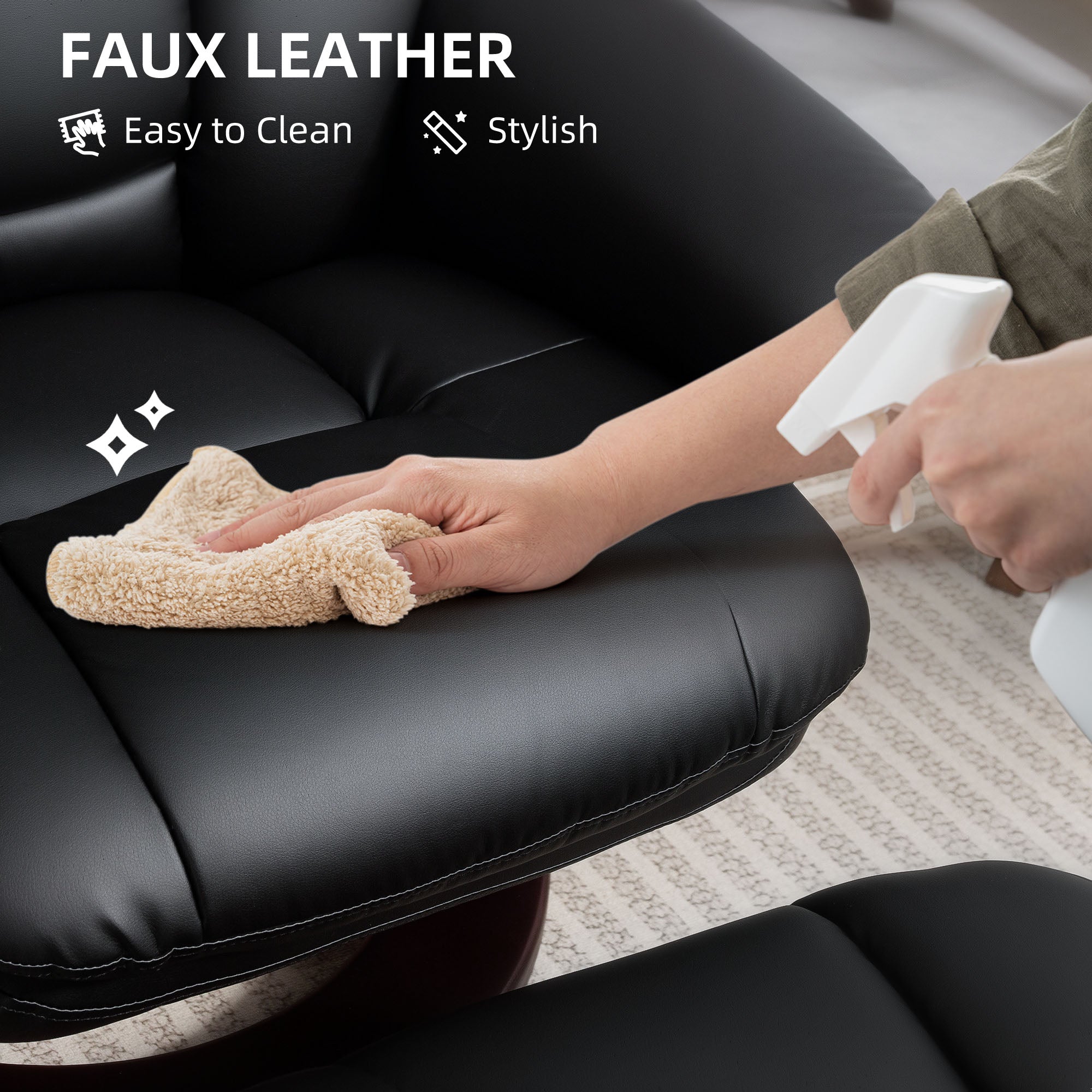 Swivel Recliner Chair with Ottoman, PU Leather Recliner with Adjustable Backrest, Footrest, Wood Base, Upholstered Reclining Chair for Living Room, Bedroom, Office, Black